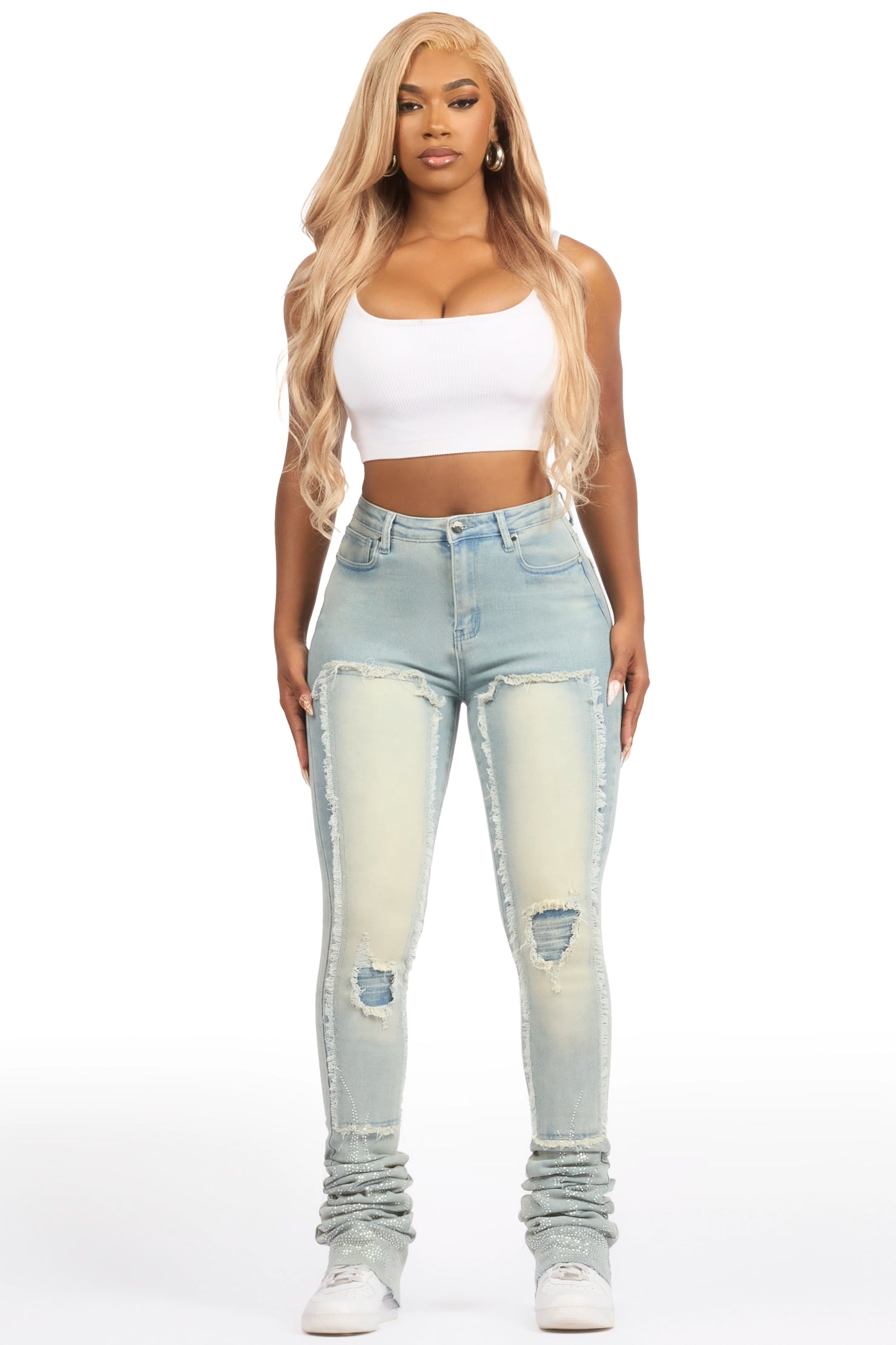 Karime Light Wash Rhinestone Stacked Jean