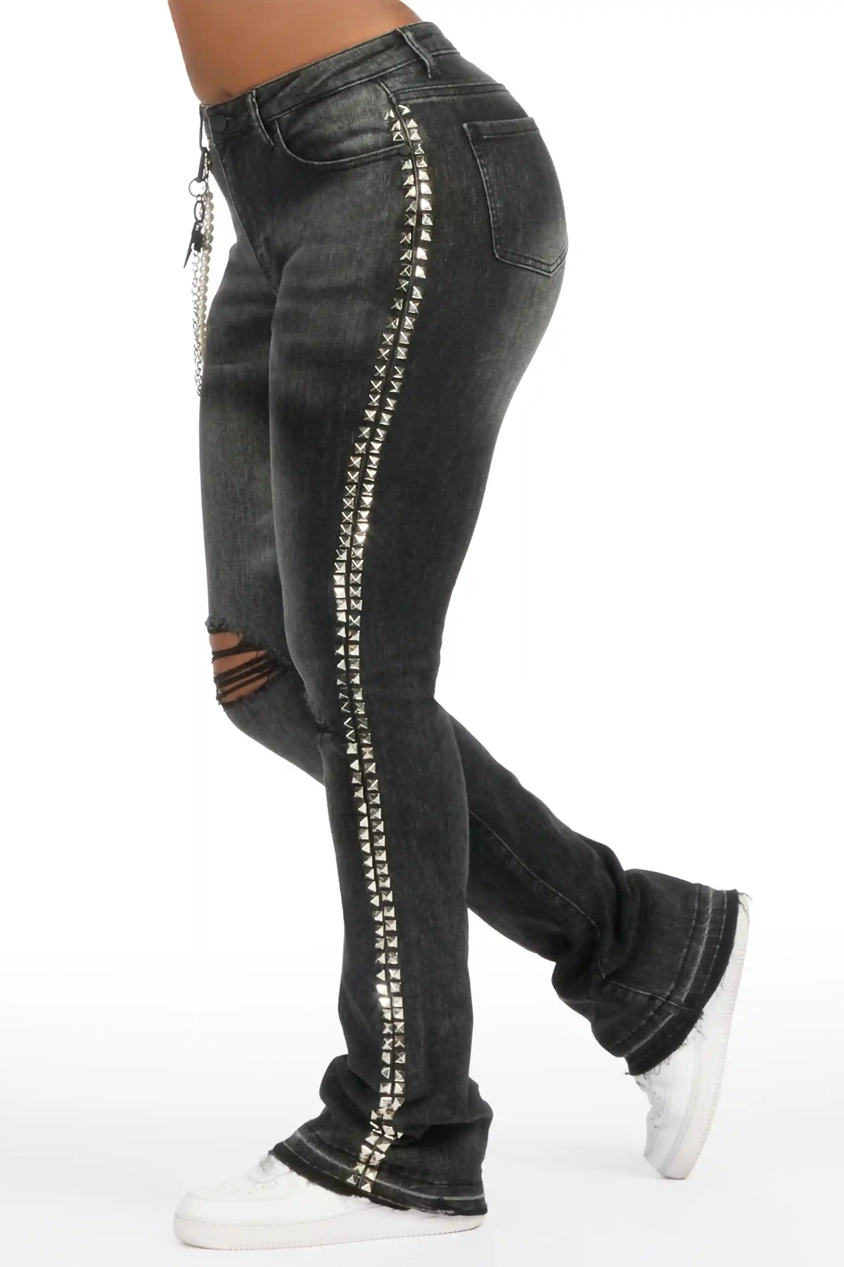 Shaquayla Black Studded Stacked Flare Jean