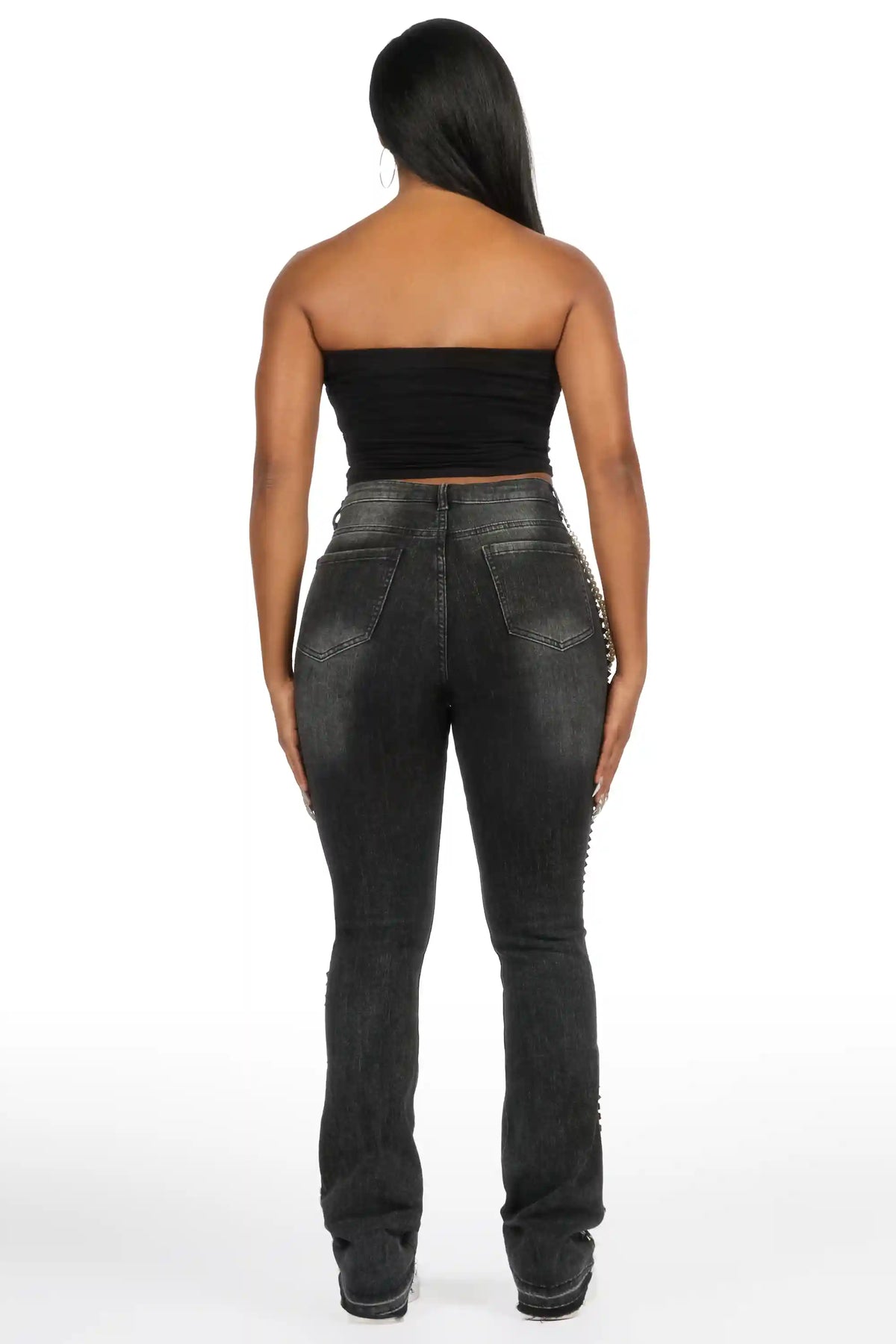 Shaquayla Black Studded Stacked Flare Jean