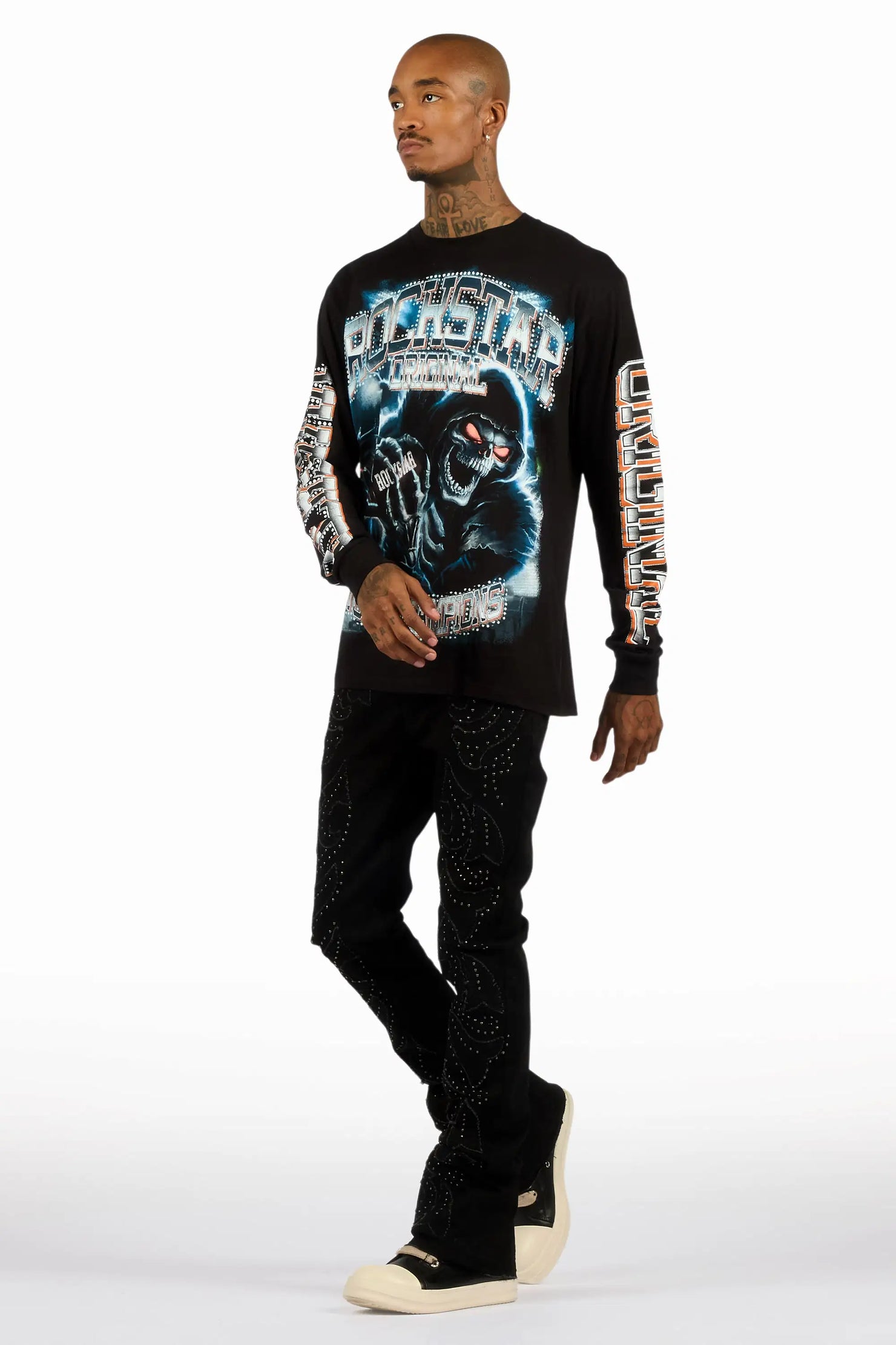 Westy Studded Jet Black Stacked Flare Jean