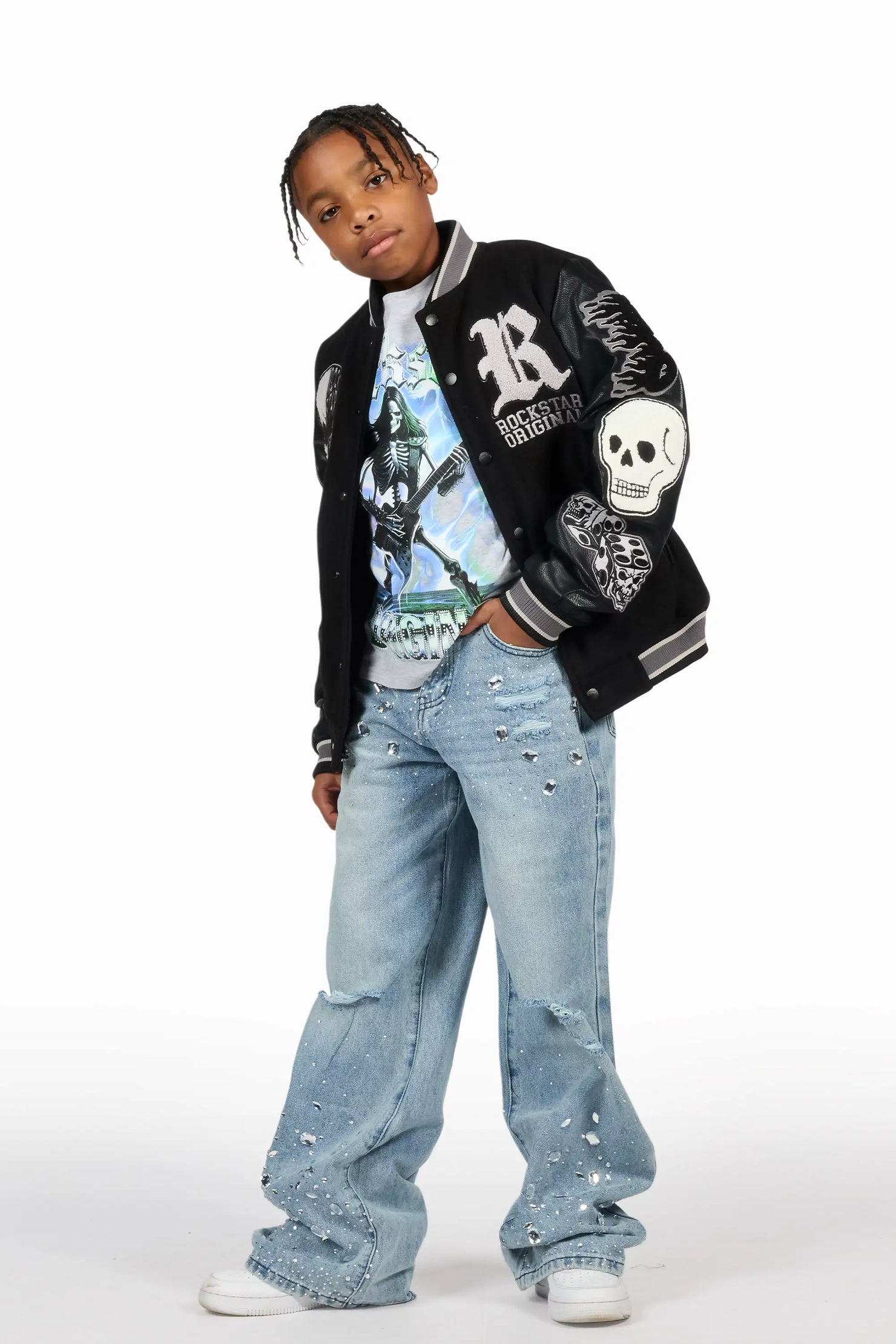 Boys Glanz Rhinestone Light Blue Baggy Fit Jean