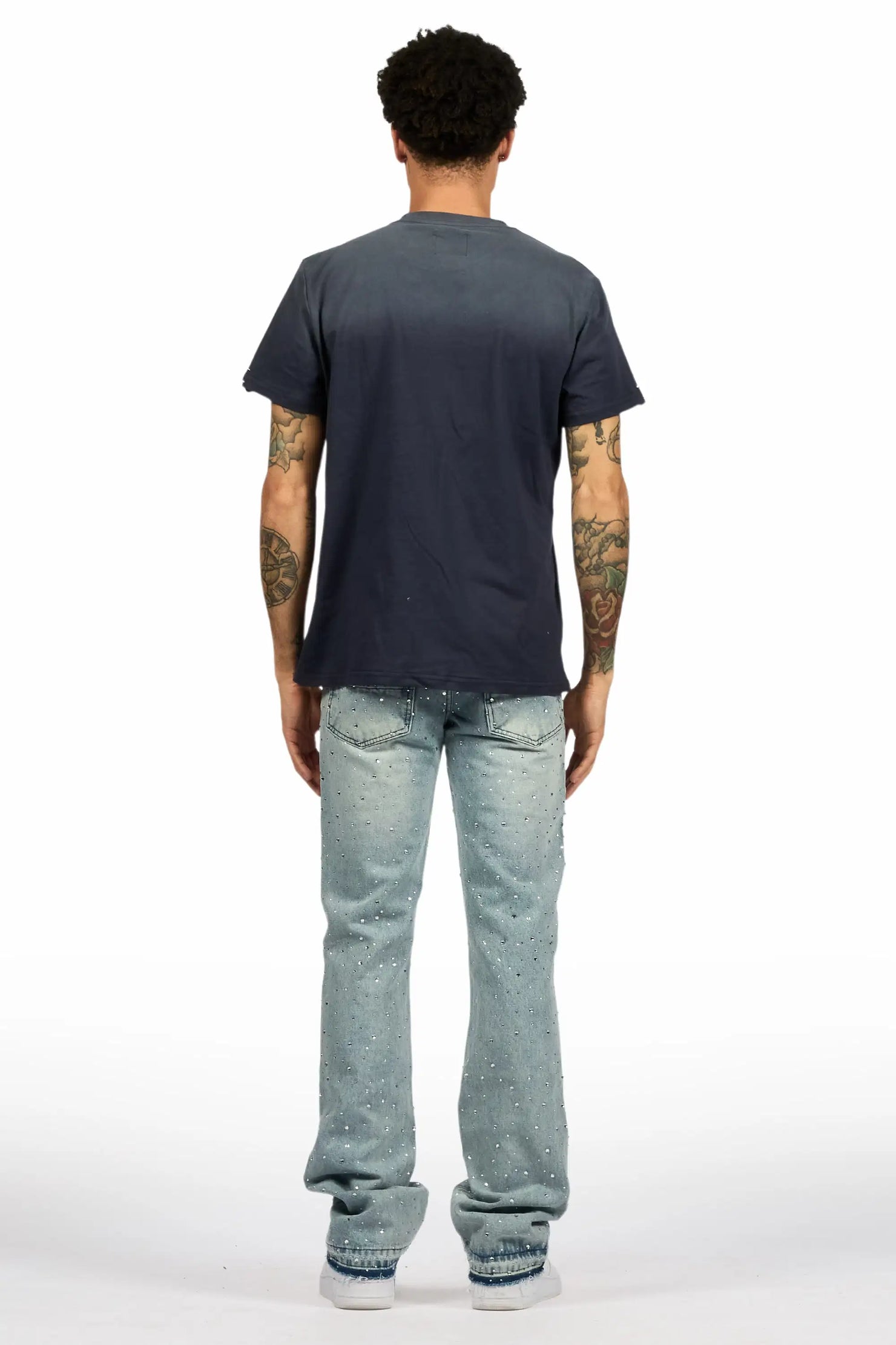 Stunt Blue Rhinestone Stacked Flare Jean