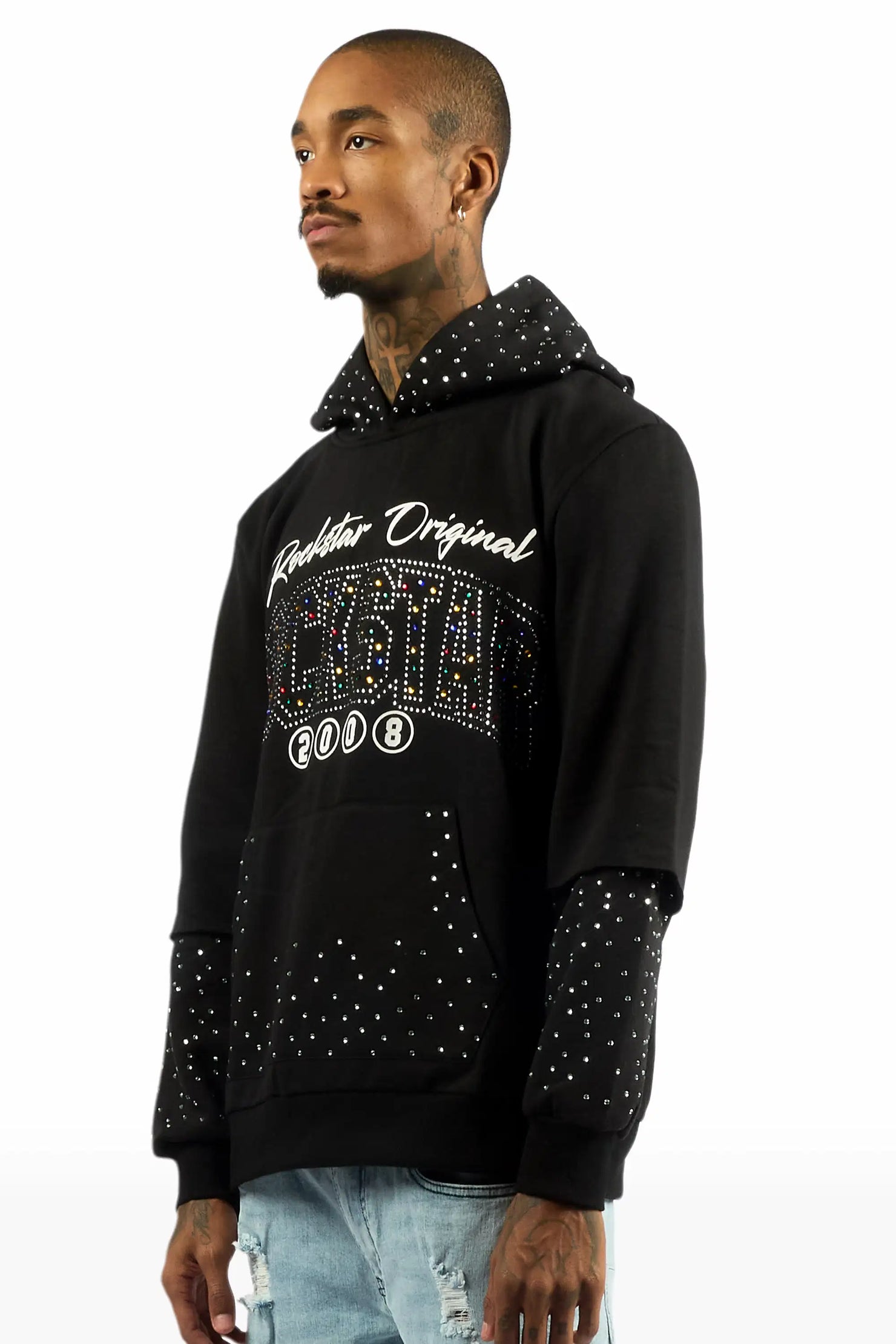 Gabino Black Rhinestone Boxy Crop Hoodie