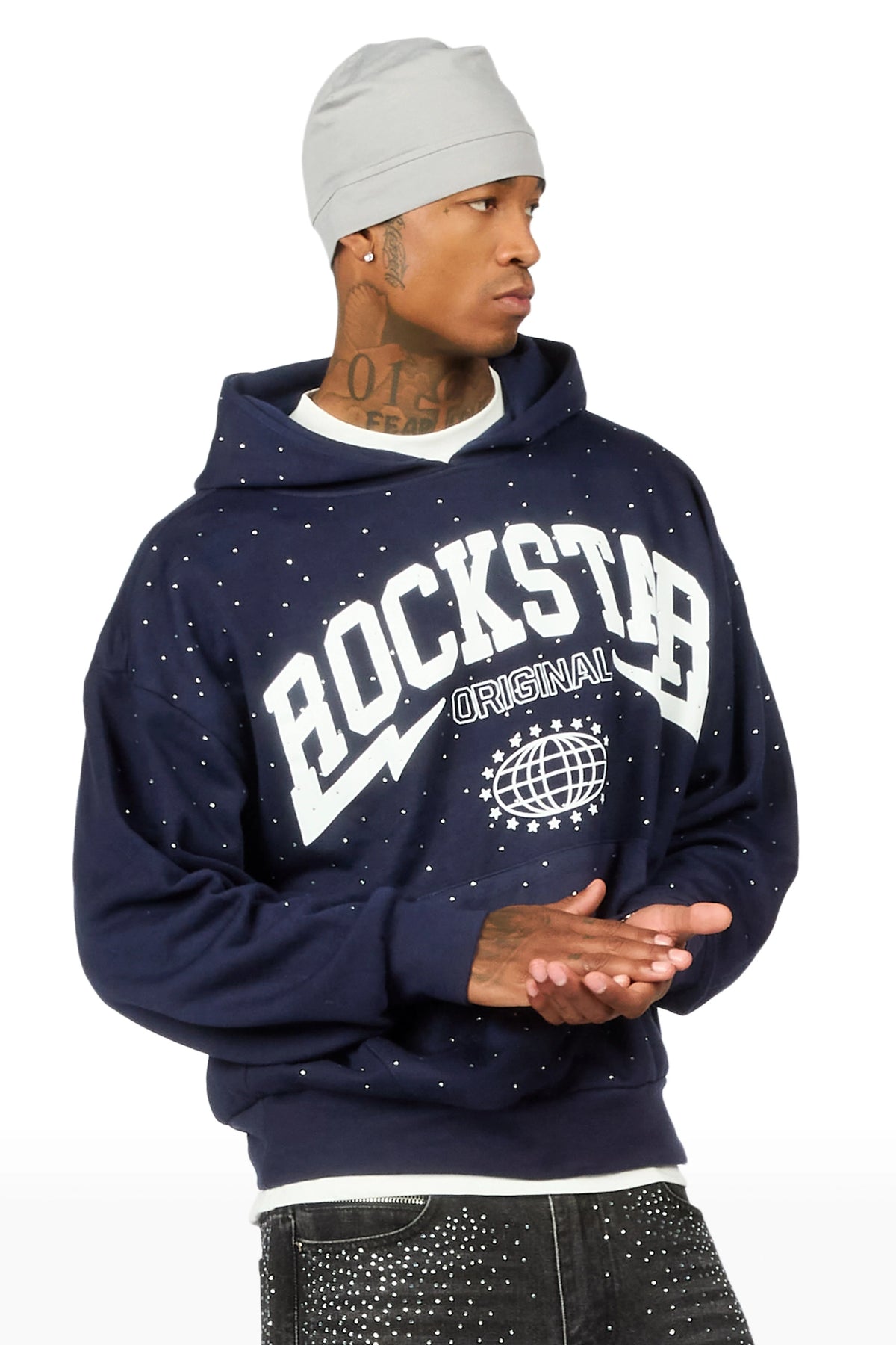 Stori Navy Rhinestone Graphic Hoodie