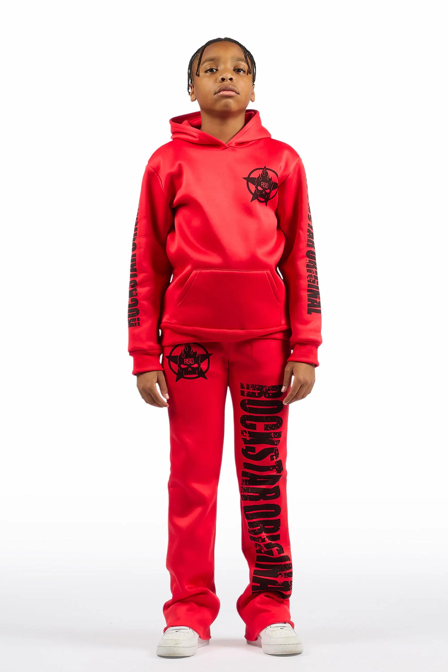 Boys Keve Red Hoodie Stacked Track Pant Set