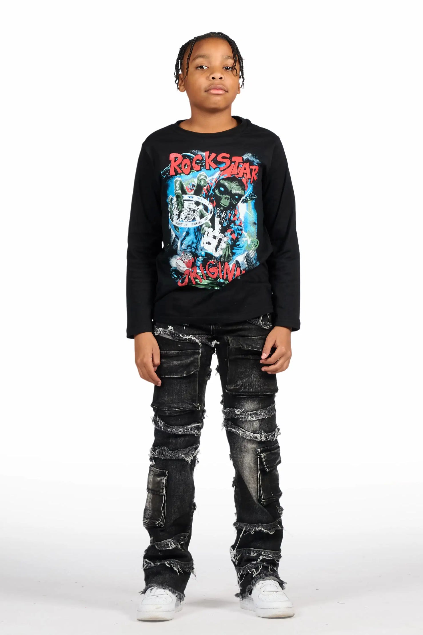 Boys Yves Jet Black Stacked Flare Cargo Jean