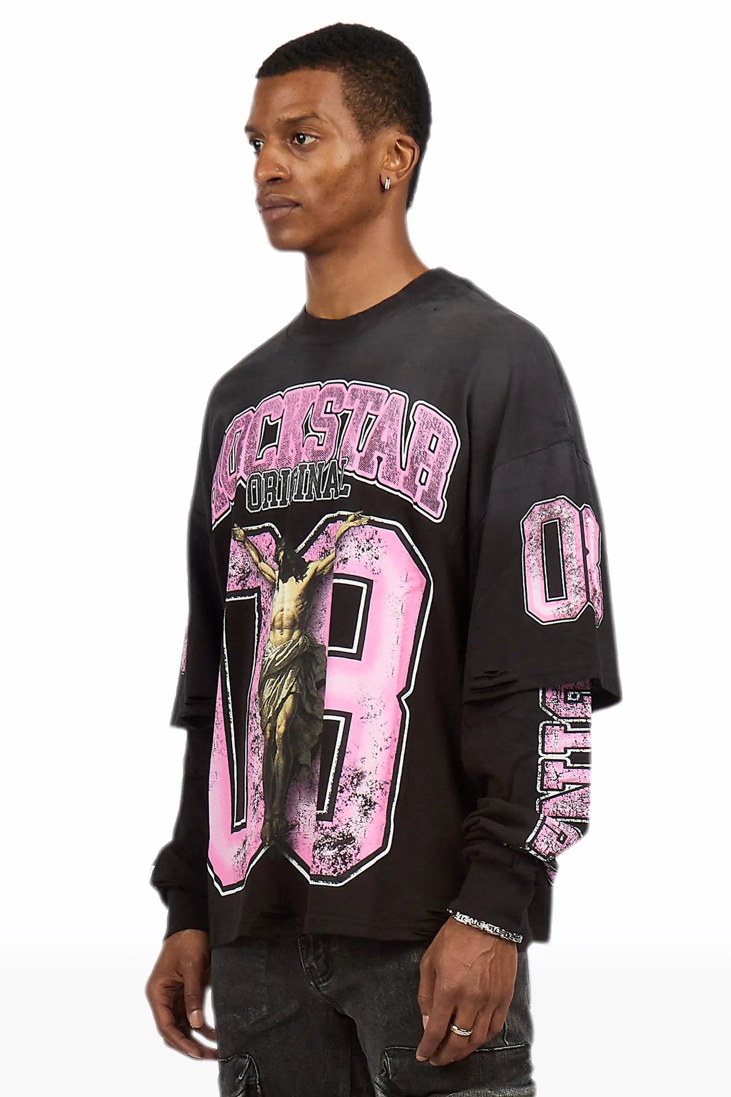 Fields Black/Pink Double Layer Long Sleeve Graphic T-Shirt