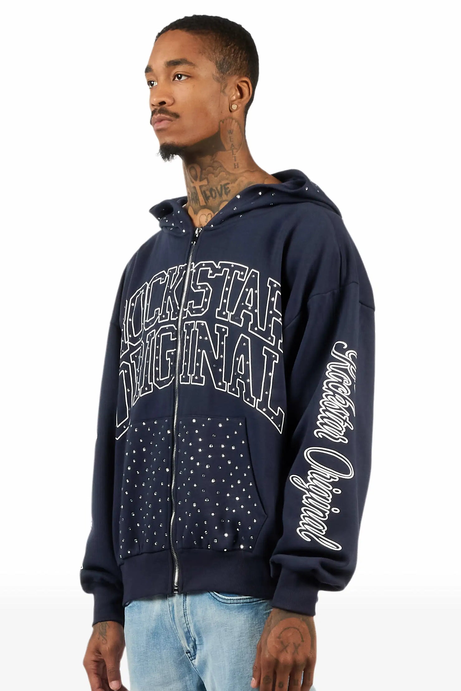 Dripped Navy Rhinestone Hoodie