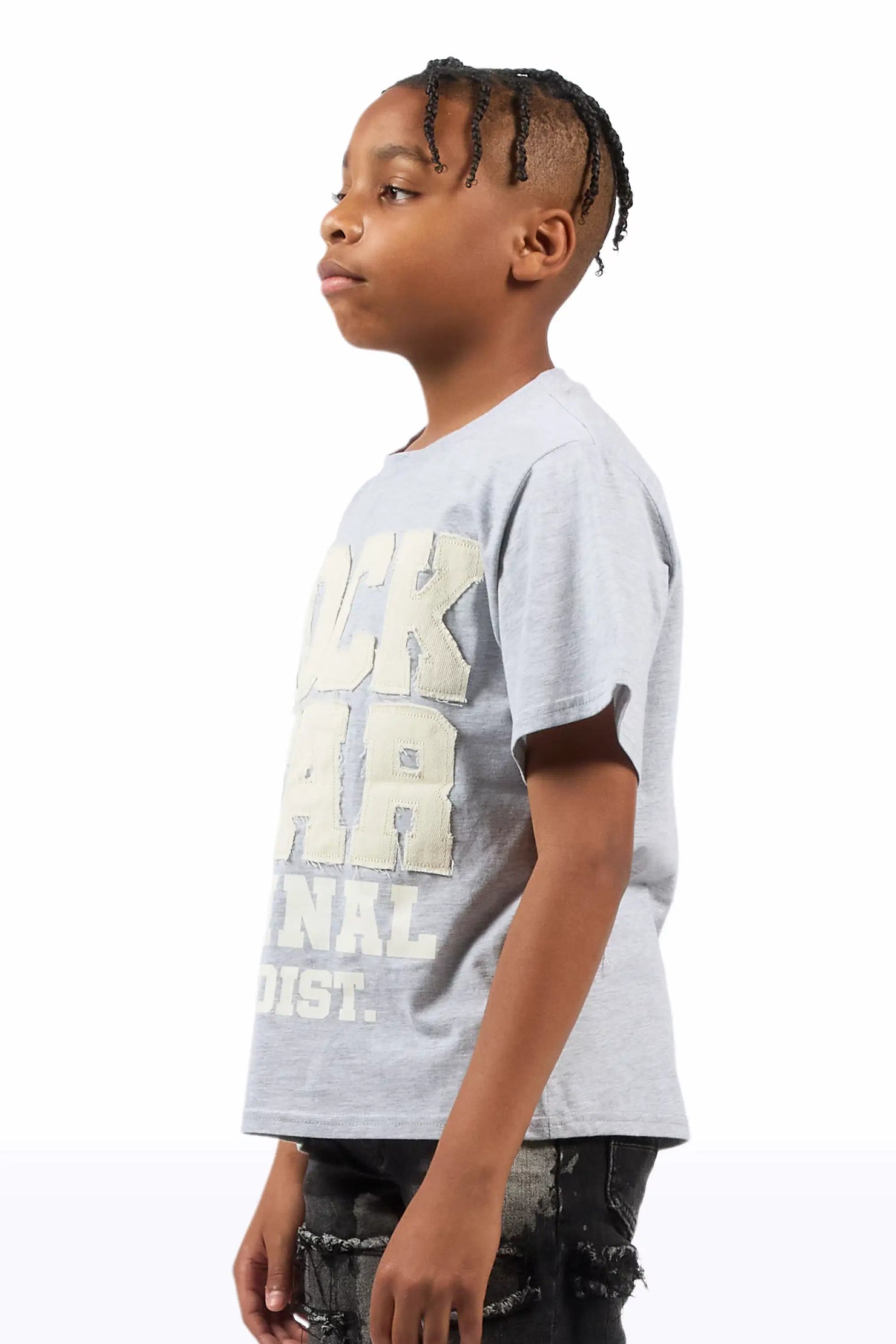 Boys Yulian Heather Grey Patch Stitched Graphic T-Shirt
