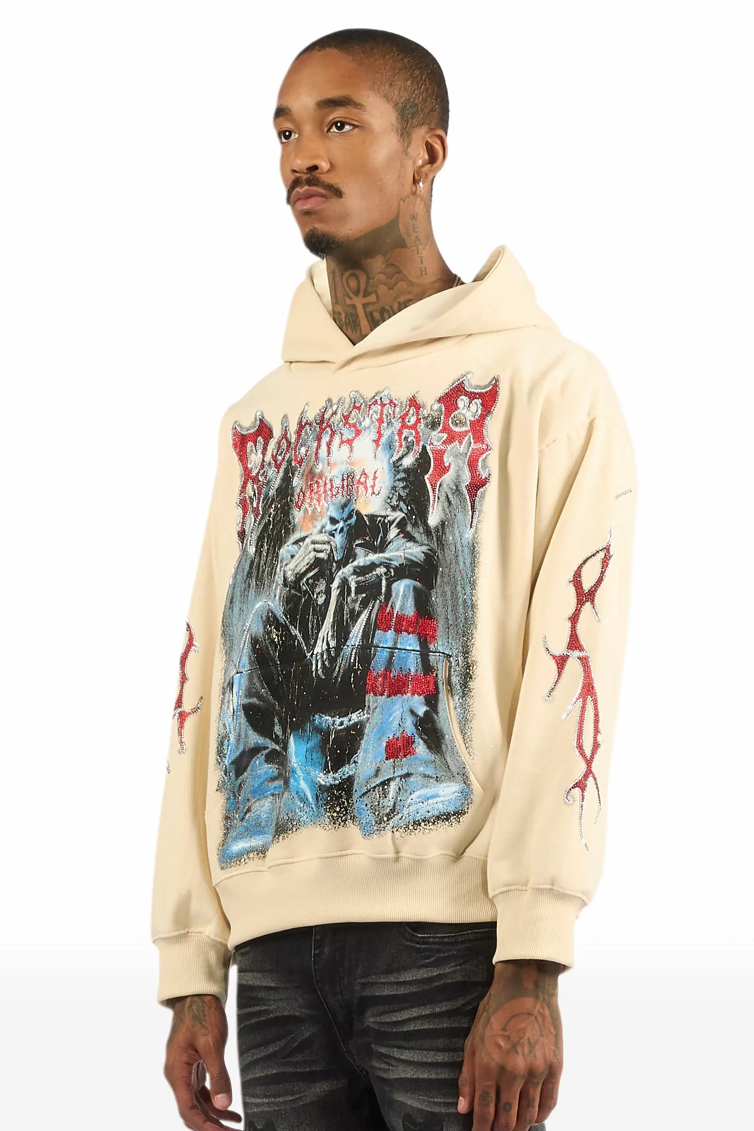 Krowne Beige Rhinestone Oversized Hoodie