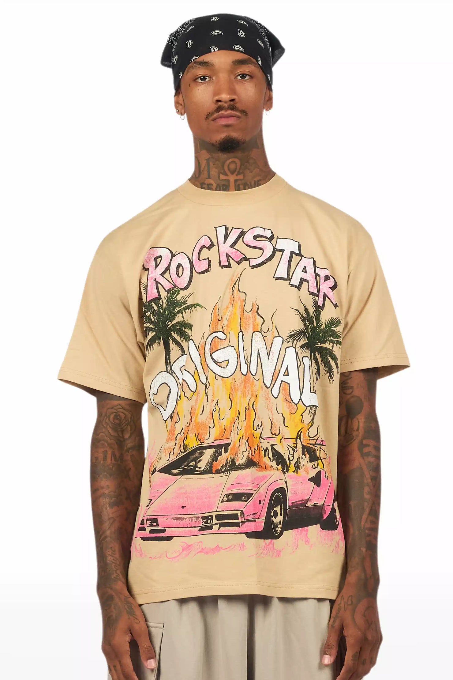 Axrian Beige/Pink Oversized Graphic T-Shirt