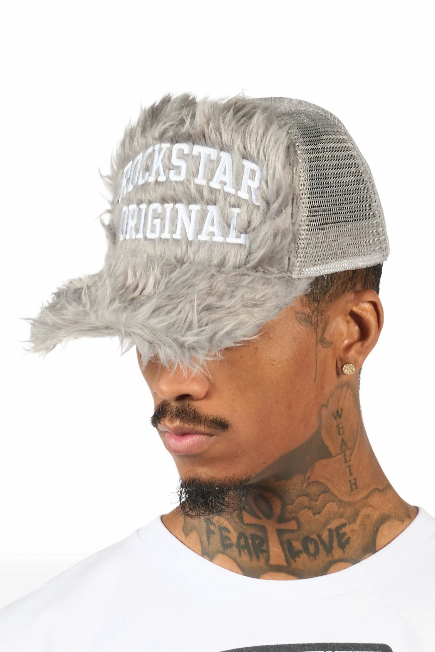 Shaggy Grey Fur Trucker Hat