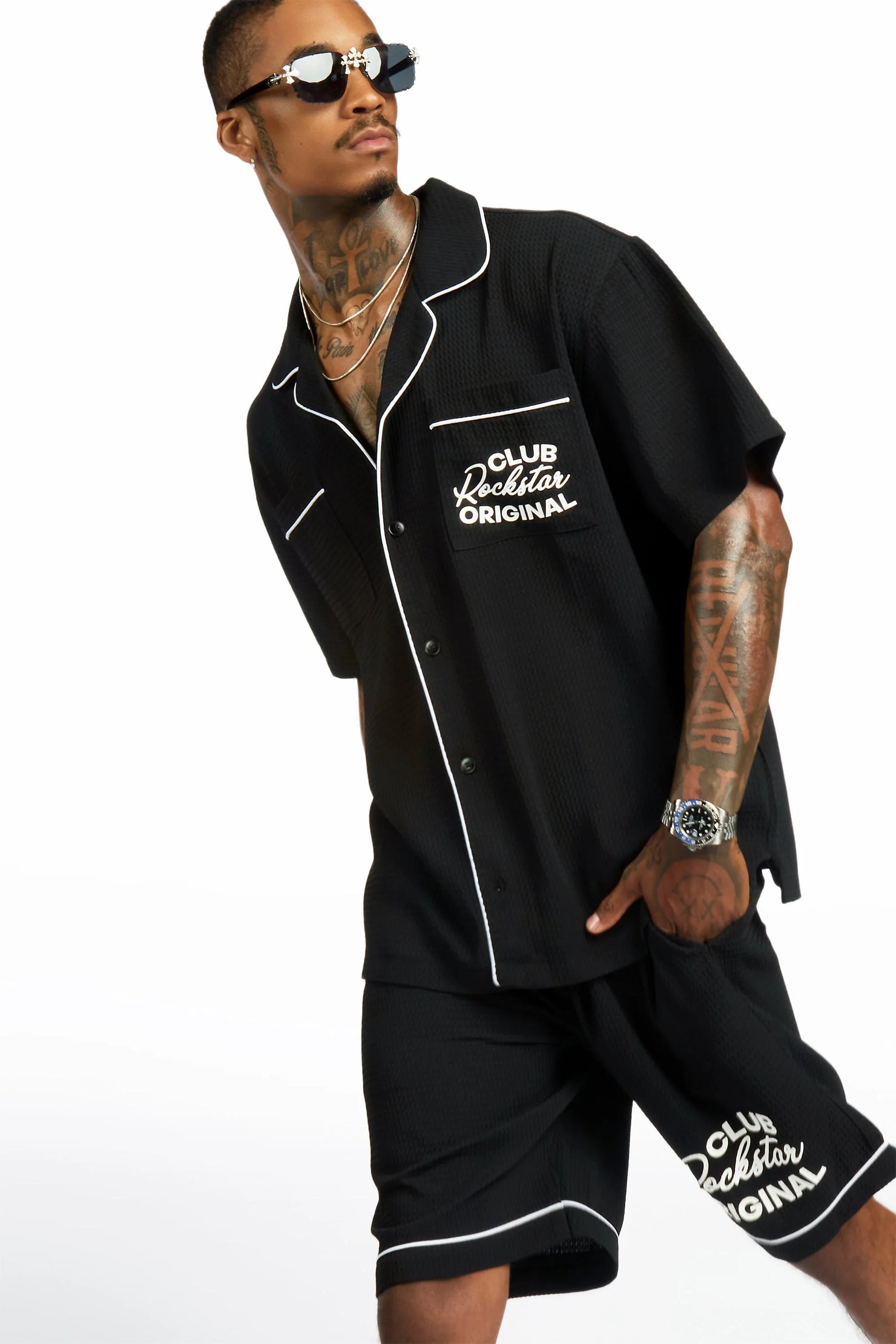 Clarence Black Button Down Shirt/Short Set