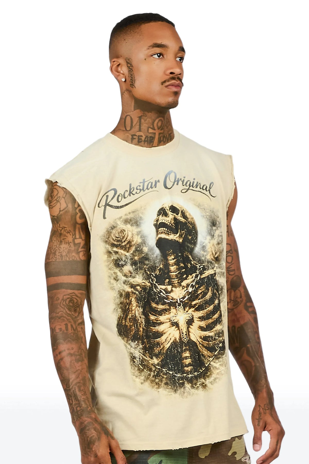 Dado Beige Oversized Cut Off T-Shirt