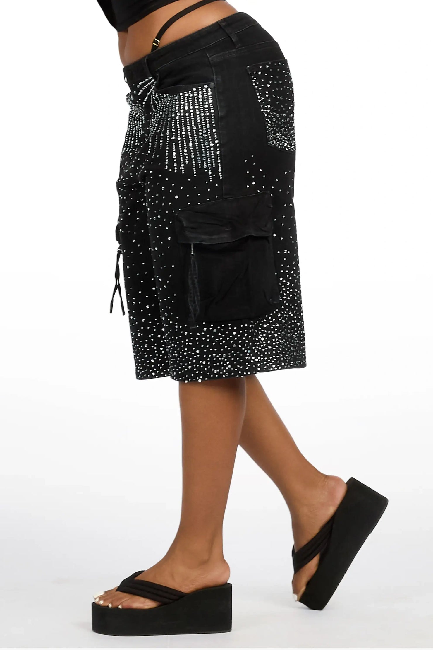 Lashandra Black Rhinestone Denim Jort