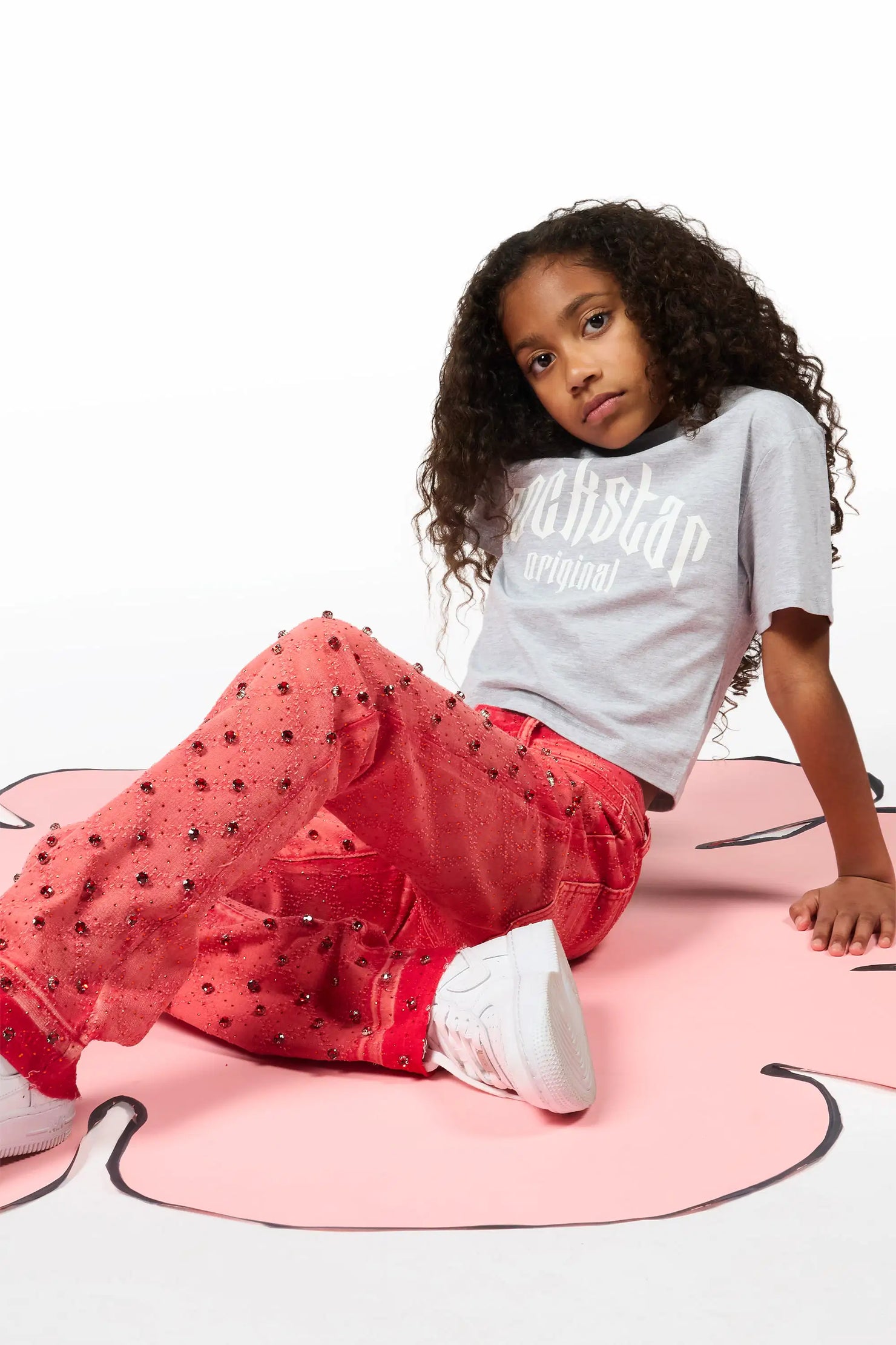 Girls Glit Red Rhinestone Stacked Flare Jean