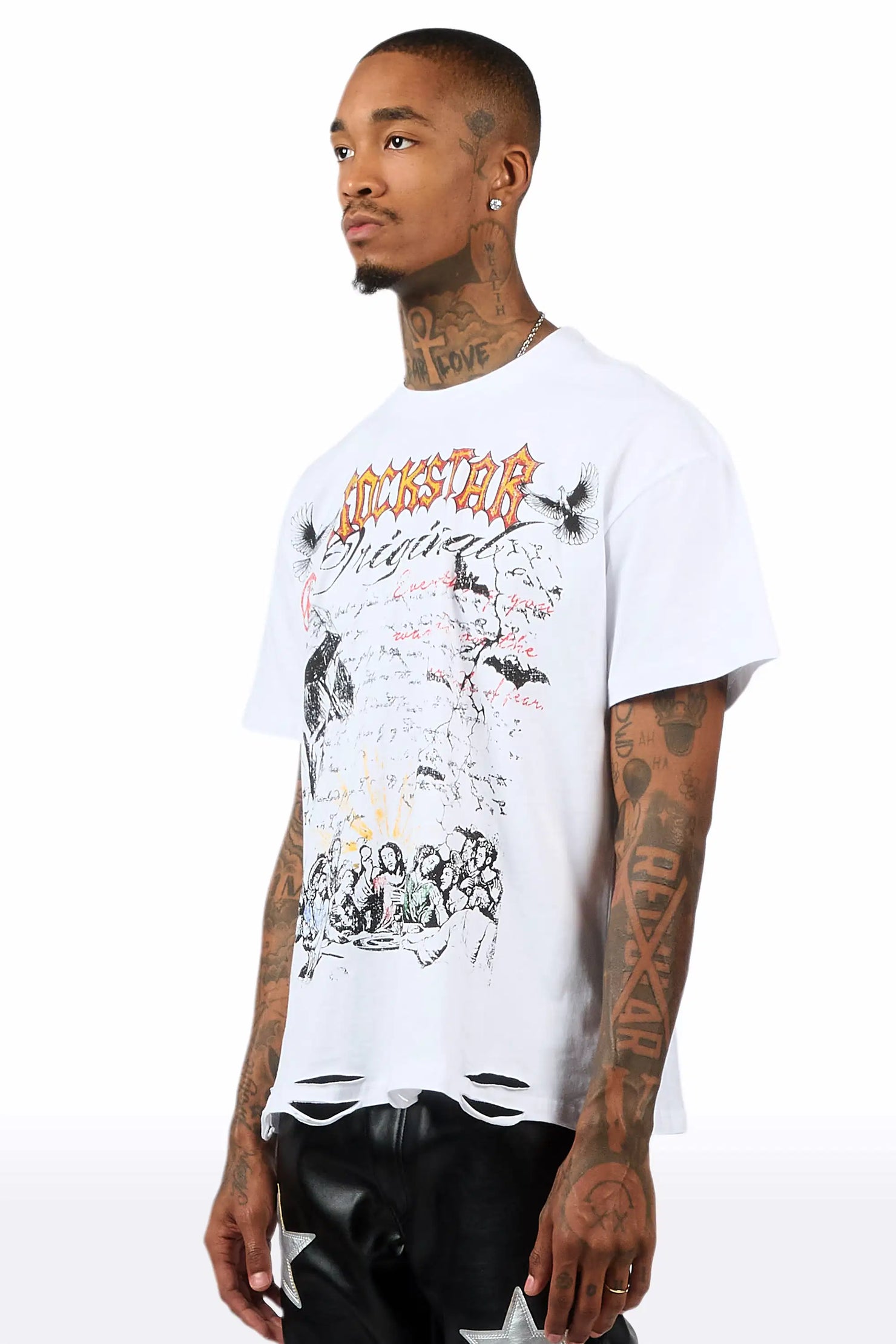 Supper Sketch White Oversized Graphic T-Shirt