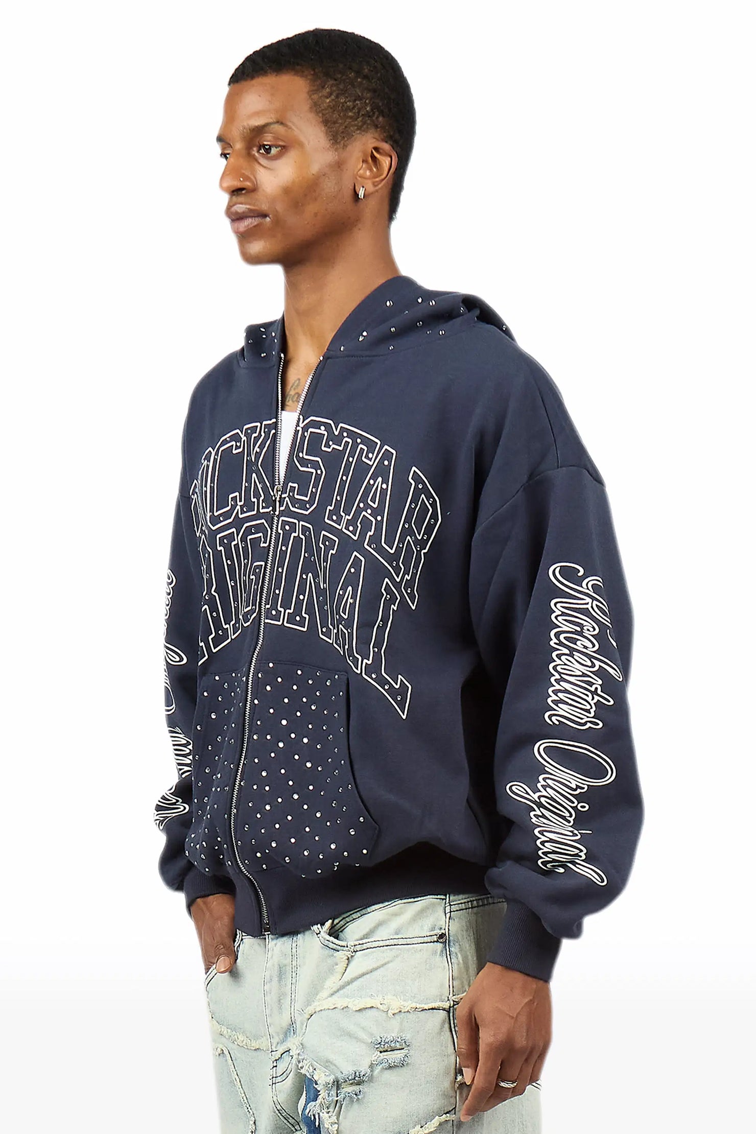 Dripped Navy Rhinestone Hoodie