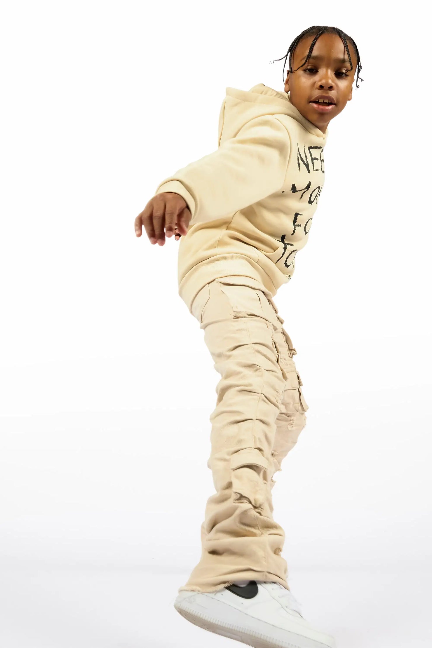 Boys M4 Toys Beige Hoodie/Stacked Jean Set