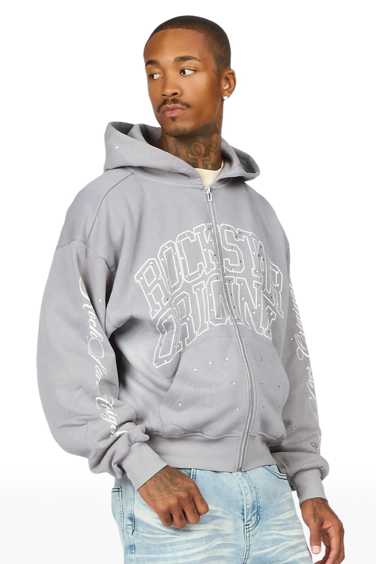 Dripped Vintage Grey Rhinestone Hoodie