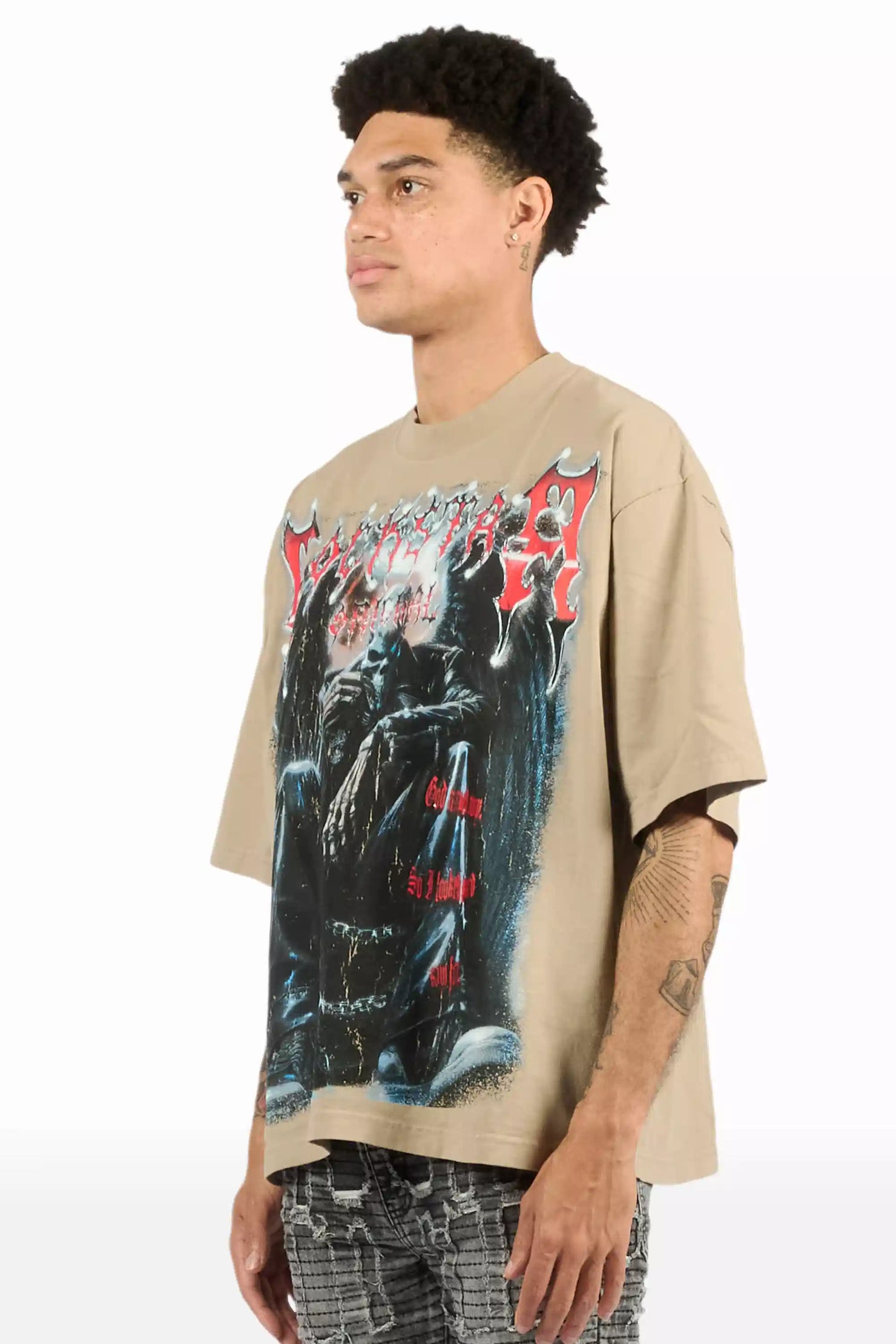 Krowne Beige/Black Oversized Graphic T-Shirt