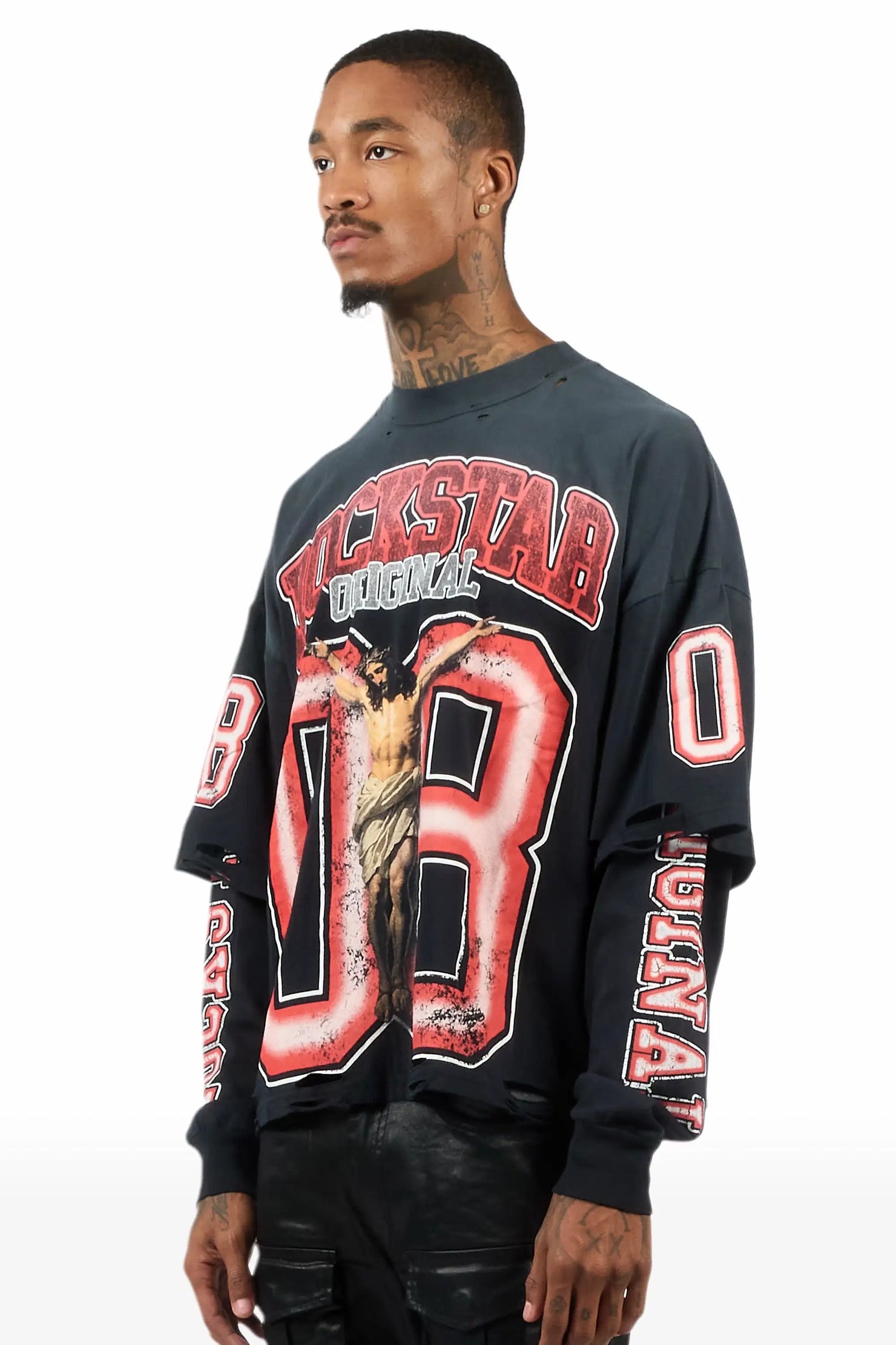 Fields Black/Red Double Layer Long Sleeve Graphic T-Shirt