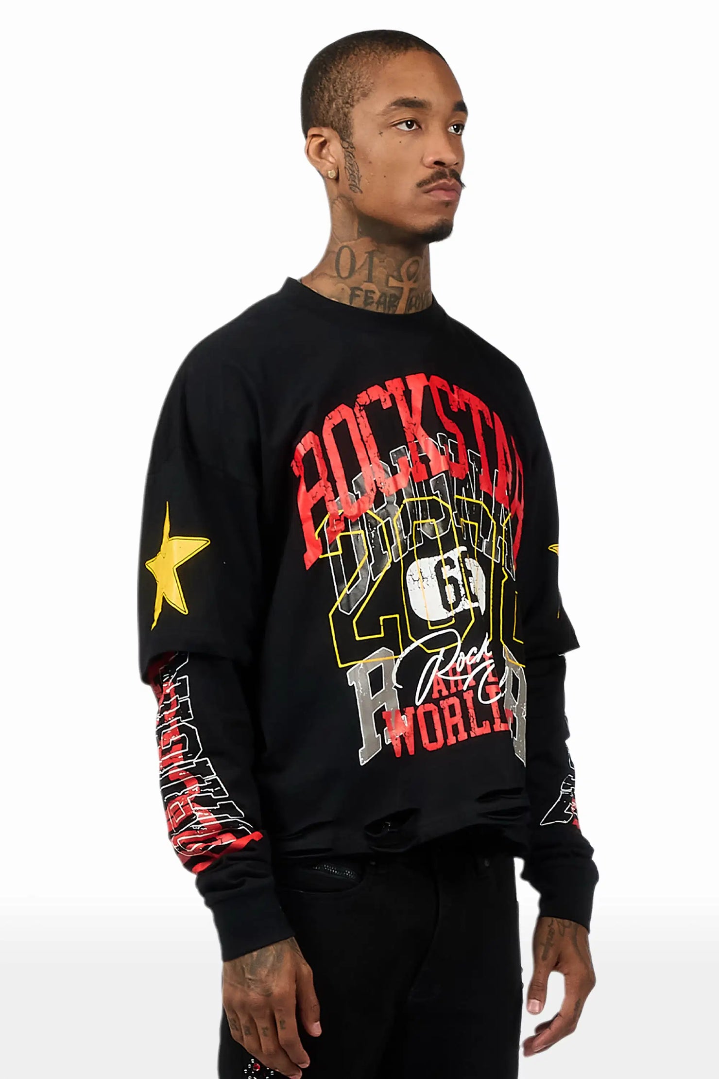 Santee Black Double Layer Graphic T-Shirt