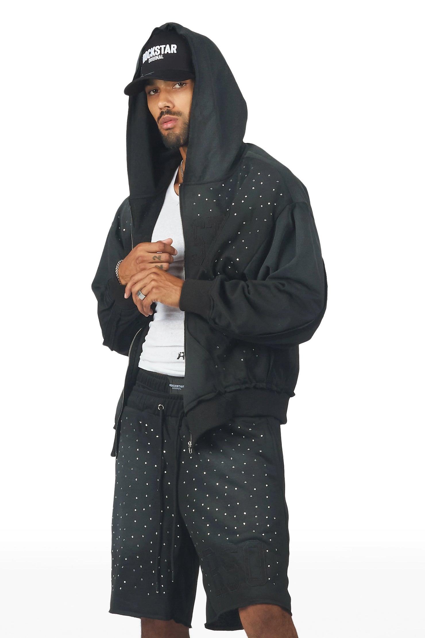 Akila Black Rhinestone Hoodie Double Waisted Short Set