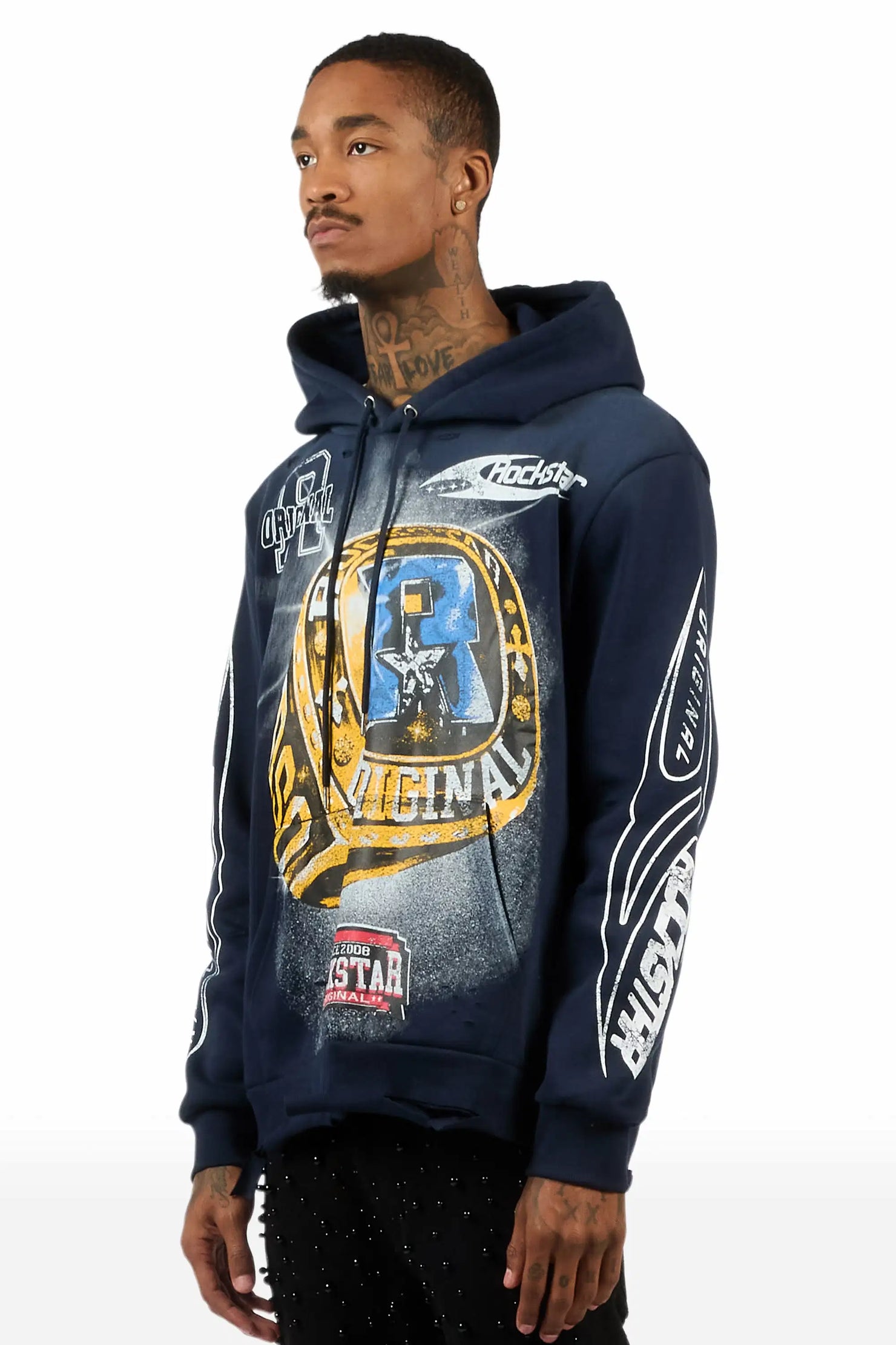 Gemchamp Navy Distressed Graphic Relaxed Hoodie