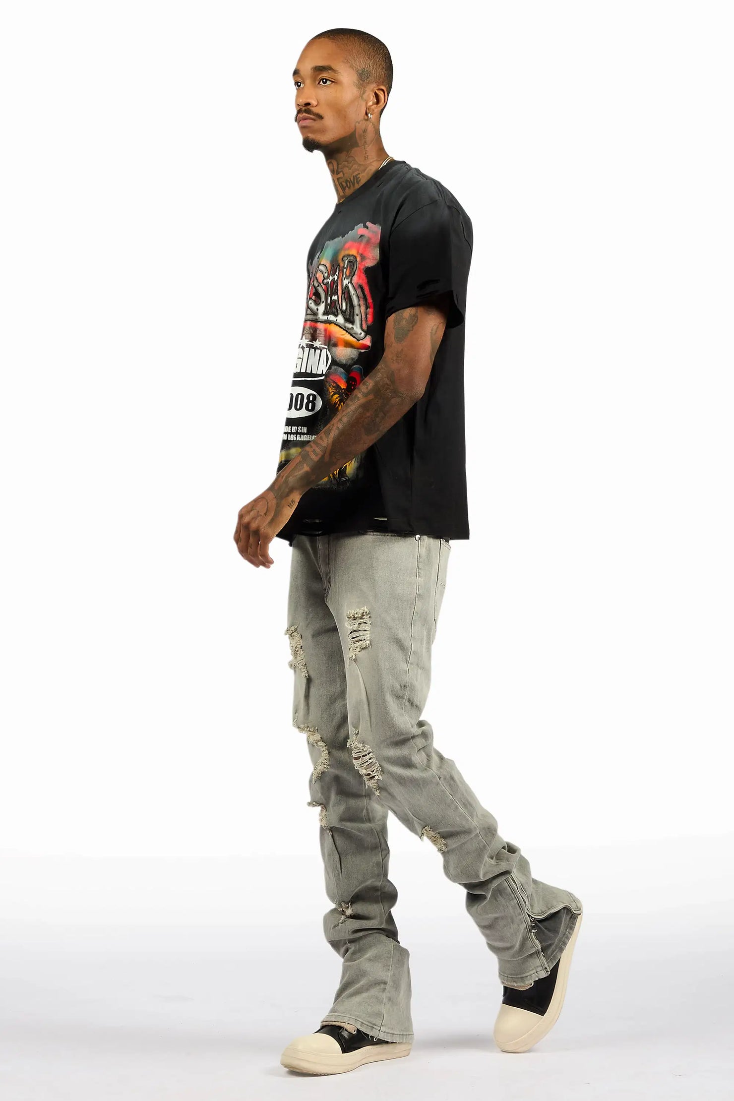 Farren Black Oversized Graphic T-Shirt/Stacked Flare Jean Bundle