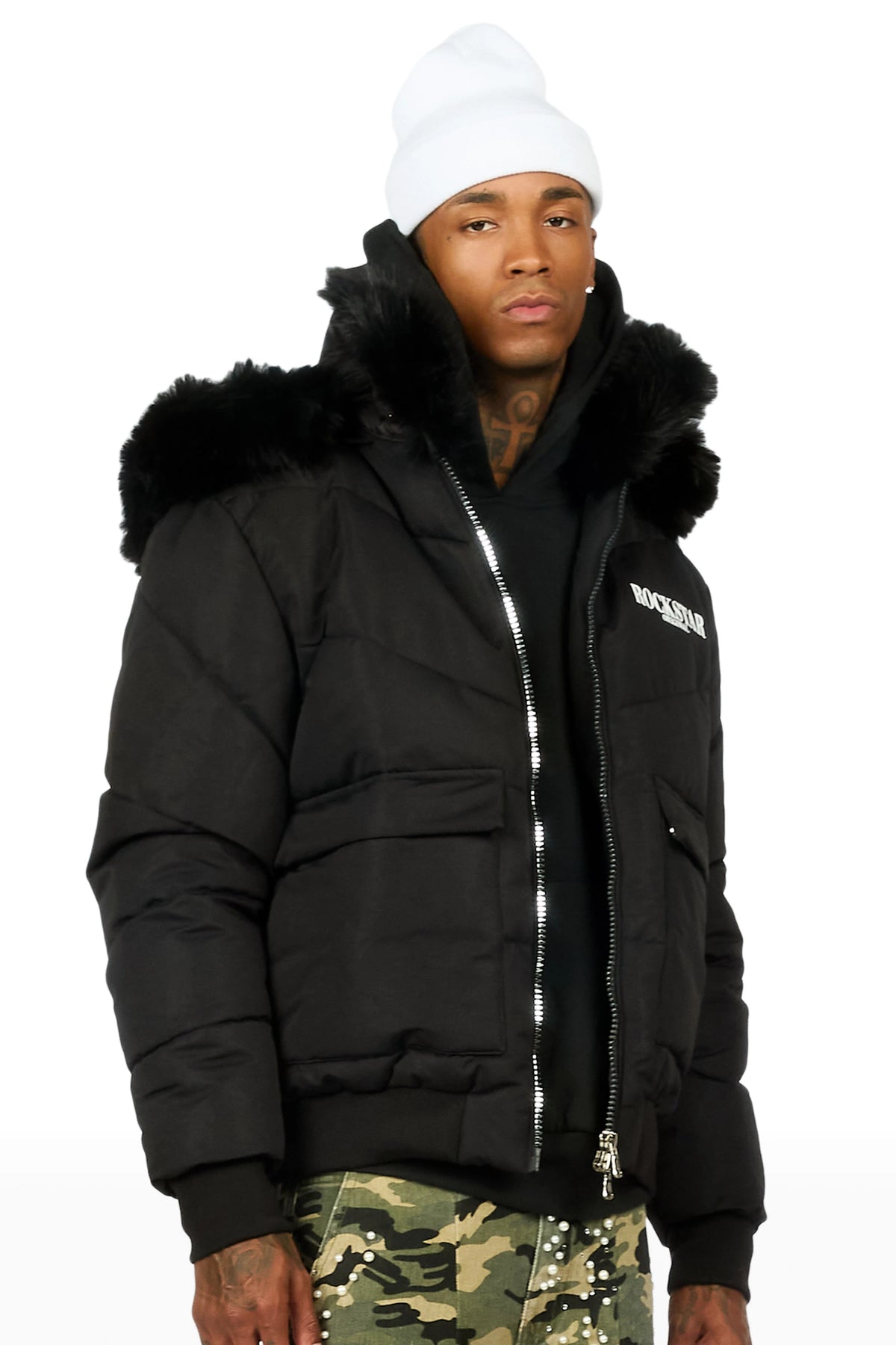 Langston Black Puffer Jacket with Fur Hood