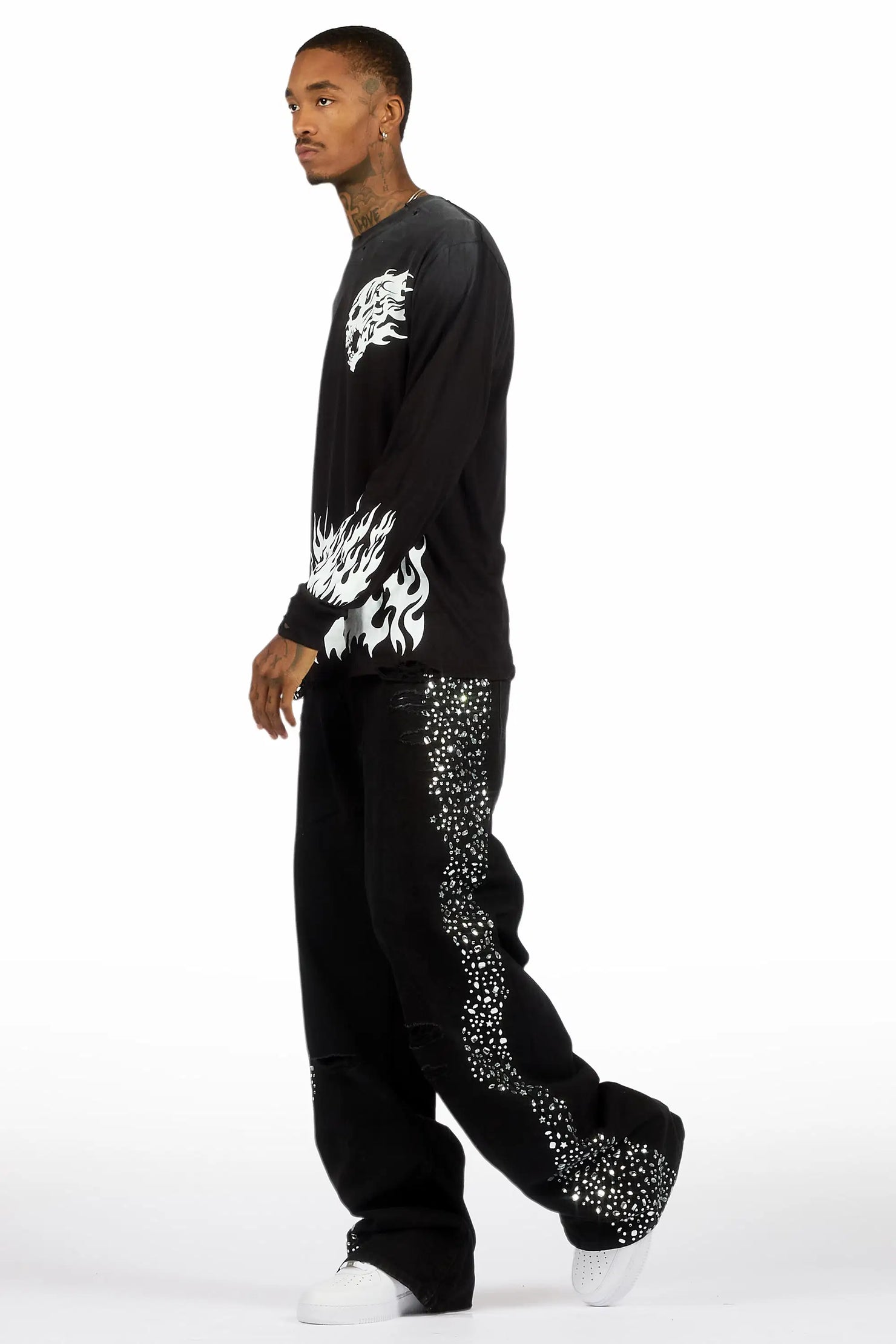 Bolor Black Rhinestone Baggy Jean