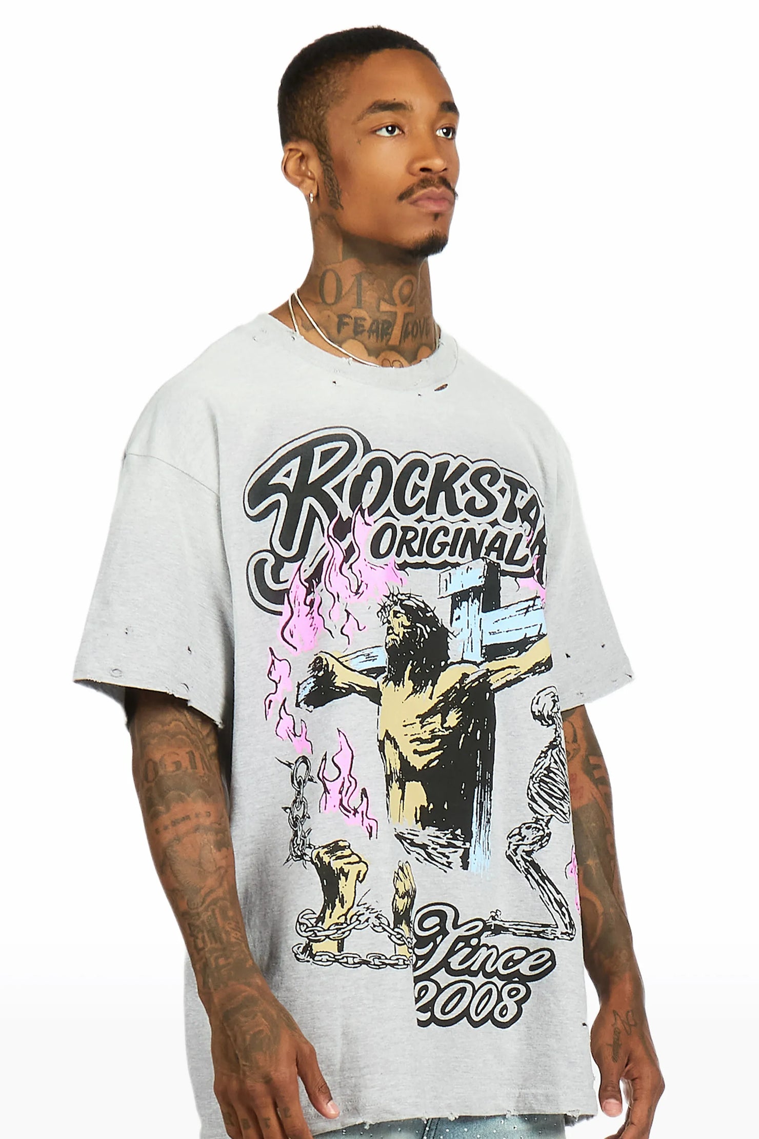 Kyren Heather Grey Oversized Graphic T-Shirt