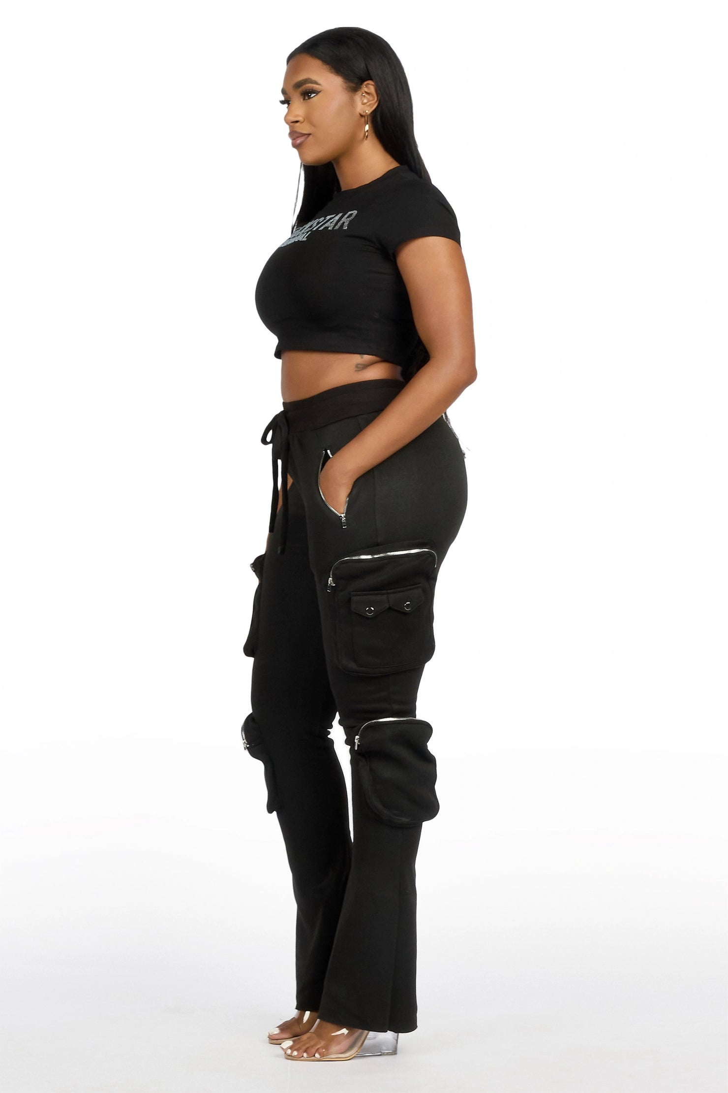 Cheronnie Black Cargo Stacked Track Pant