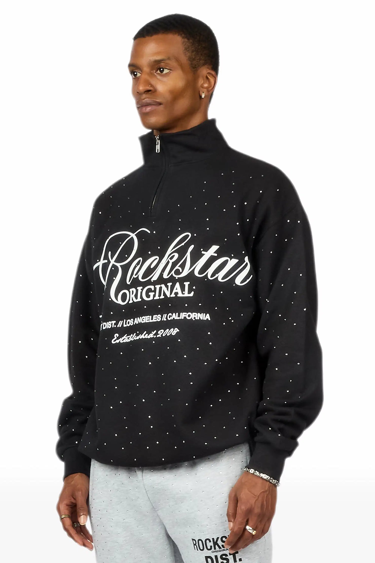 Cero Black Rhinestone Quarter-Zip Sweatshirt