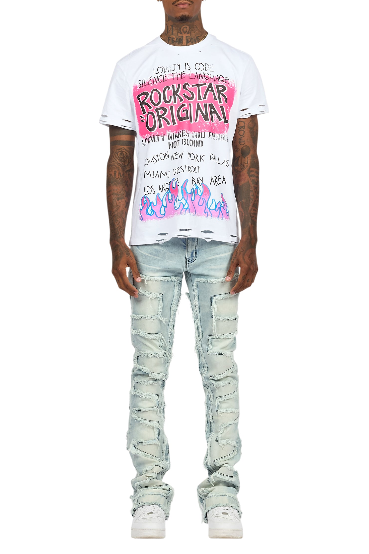 Beno White T-Shirt & Shake Blue Stacked Flare Jean Bundle