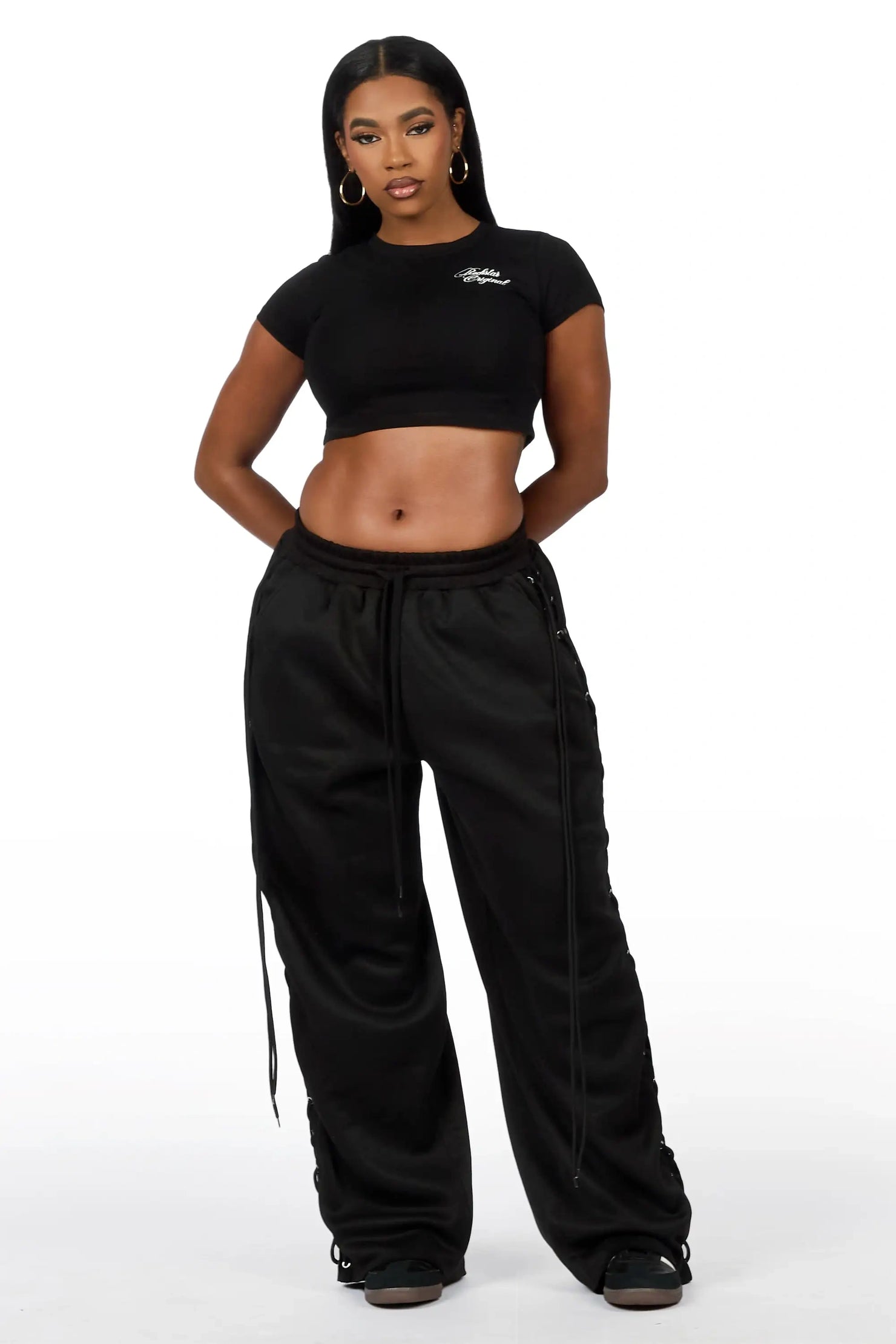 Desire Black Lace Up  Crop T-Shirt Baggy Track Set
