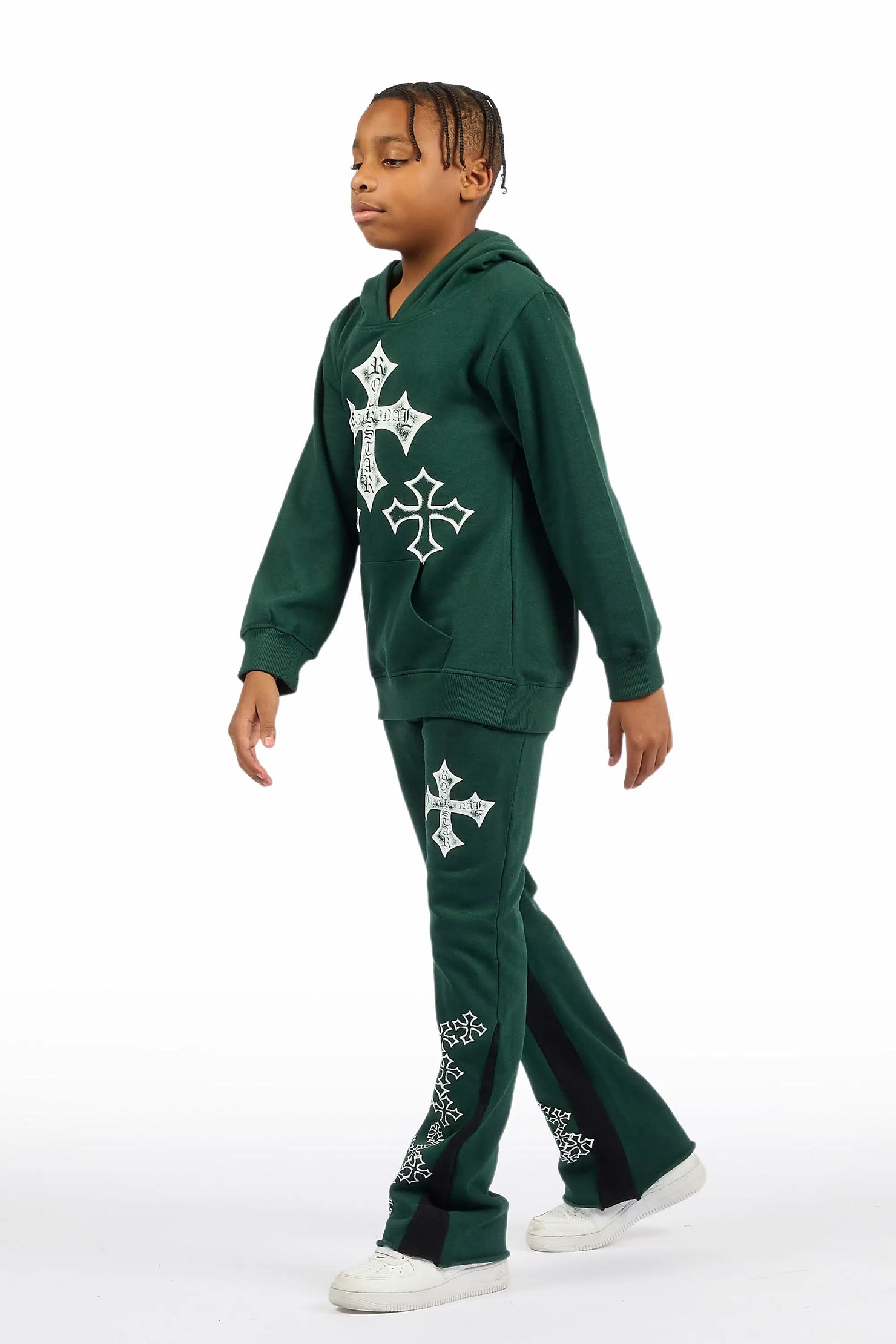 Boys Marizon Green/White Hoodie/Stacked Flare Track Set