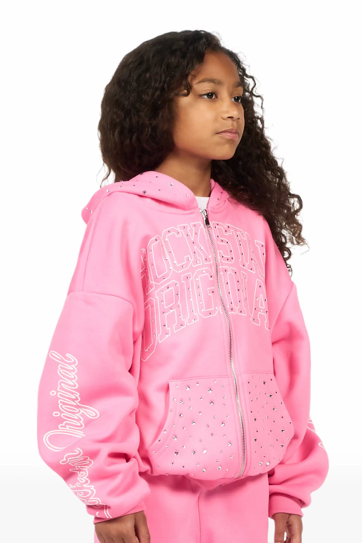 Girls Alvina Pink Rhinestone Zip Up Hoodie