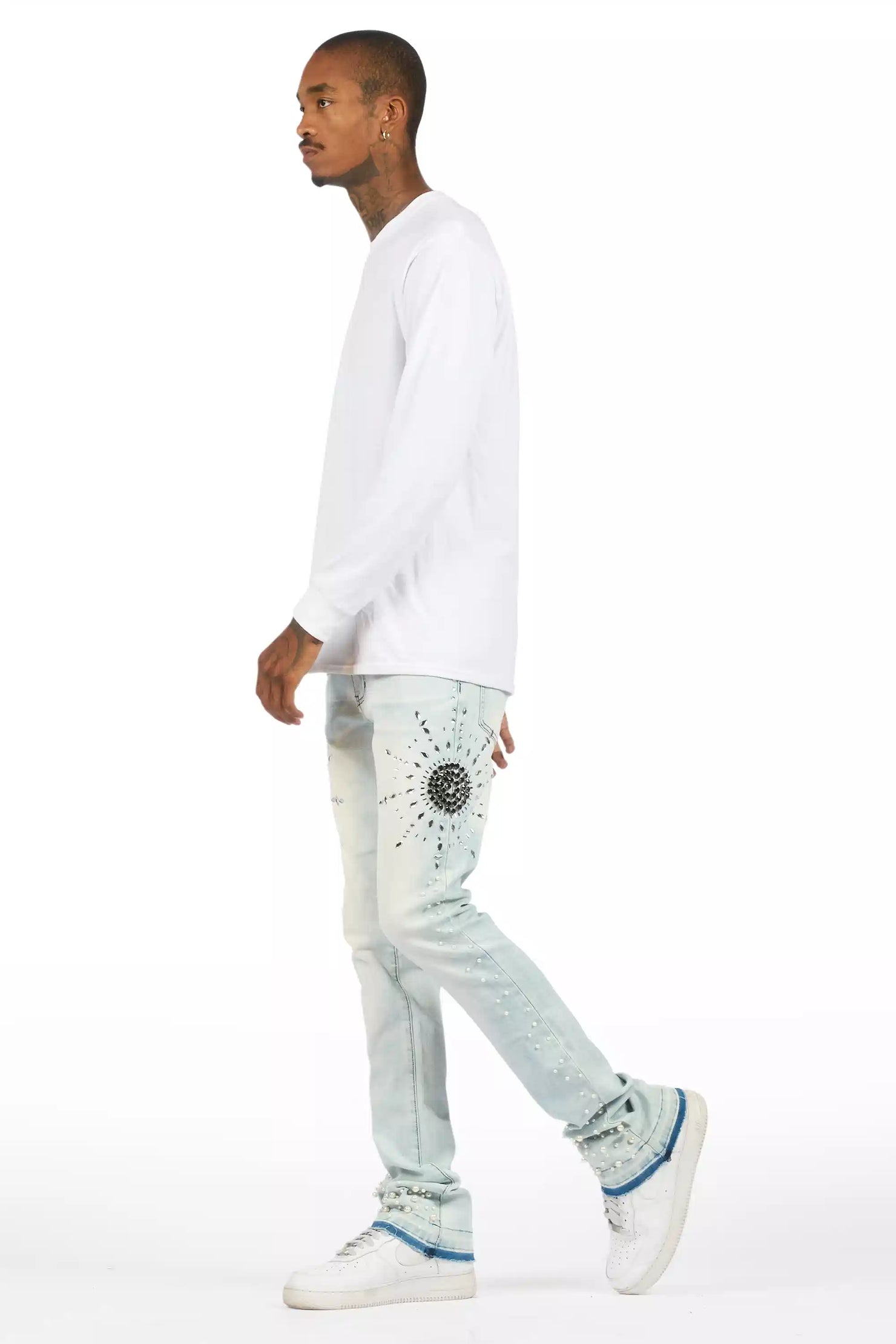 Tryst Light Blue Rhinestone Stacked Flare Jean