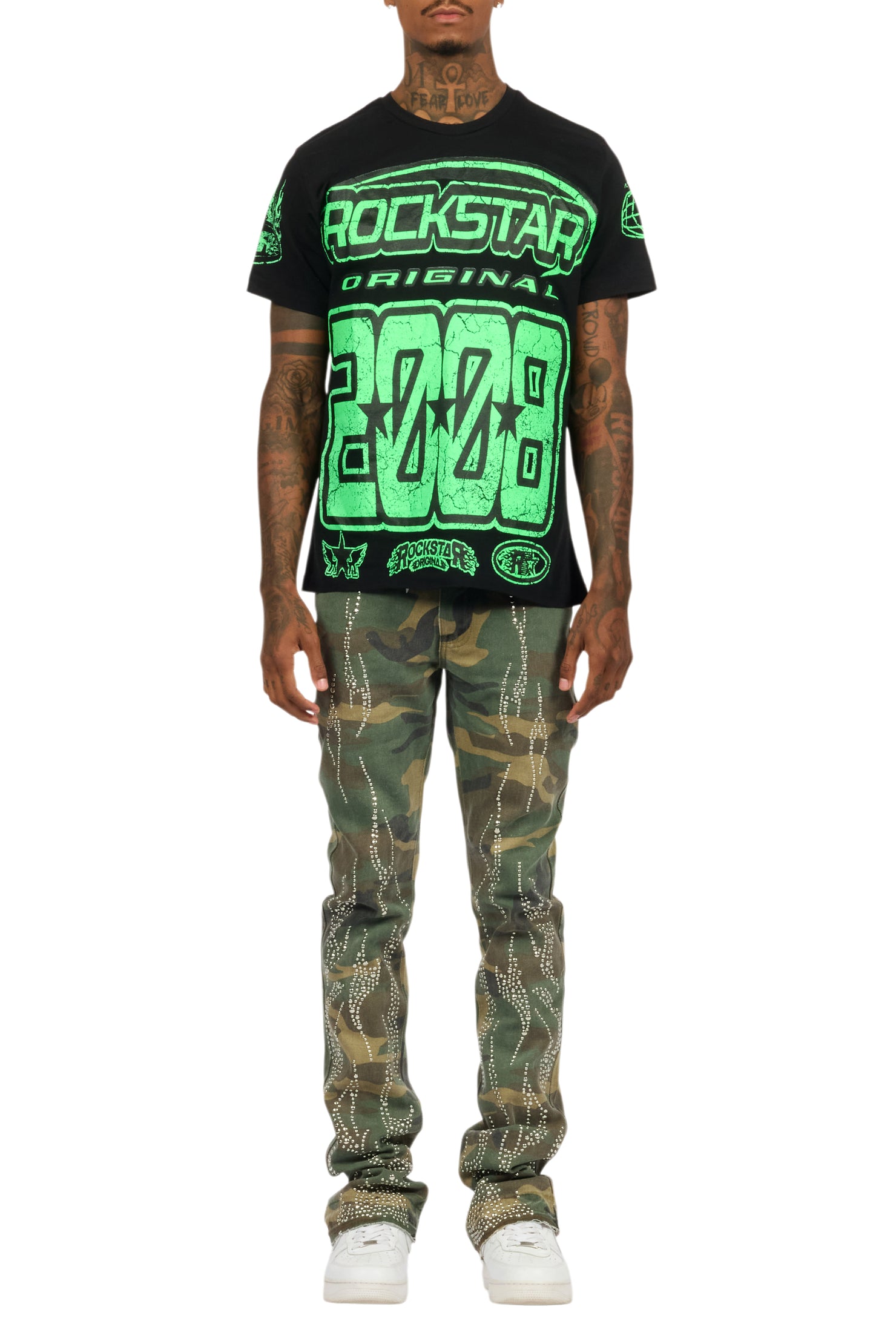 Tachi Camo Rhinestone Stacked Flare Jean
