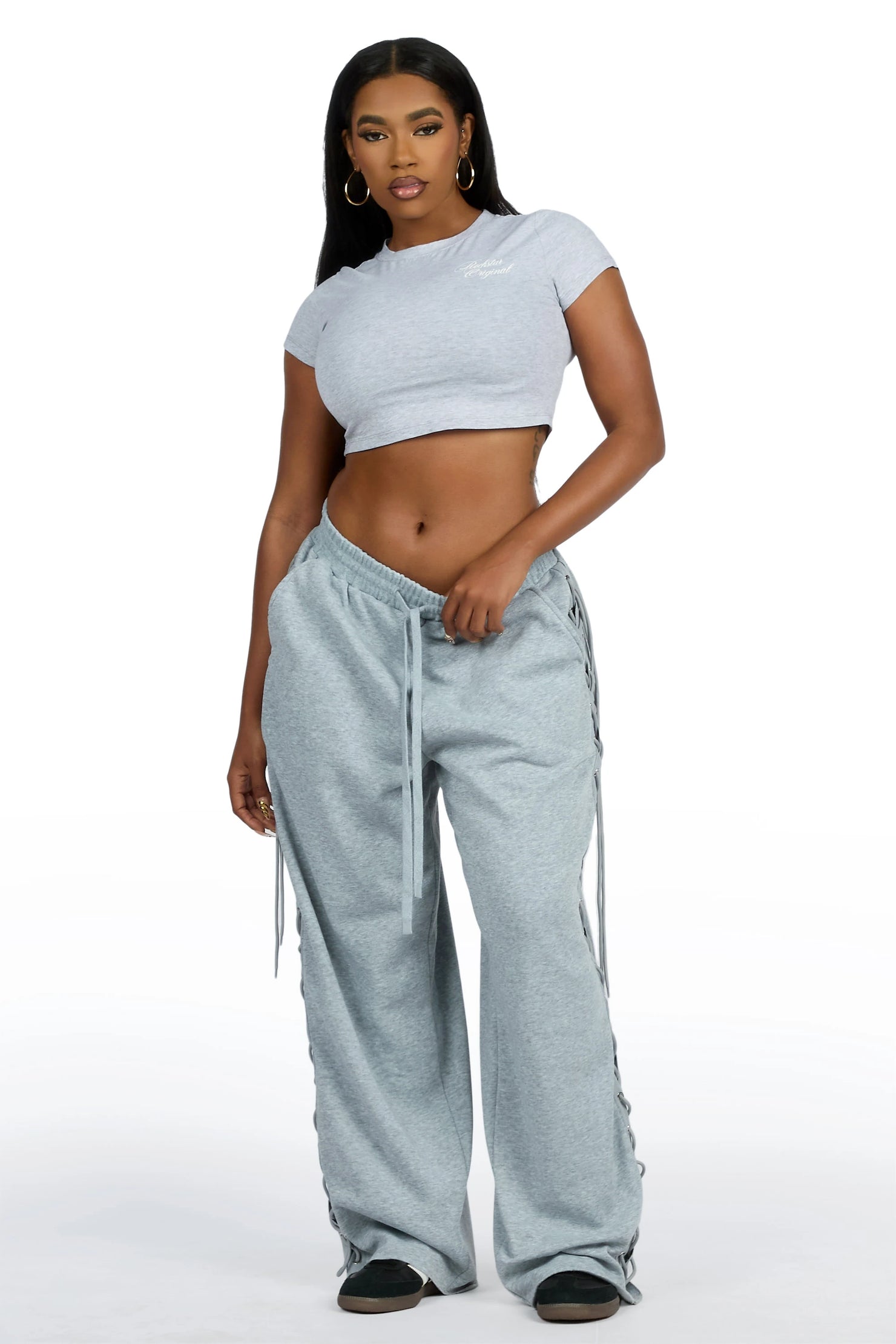 Desire Grey Lace Up  Crop T-Shirt Baggy Track Set