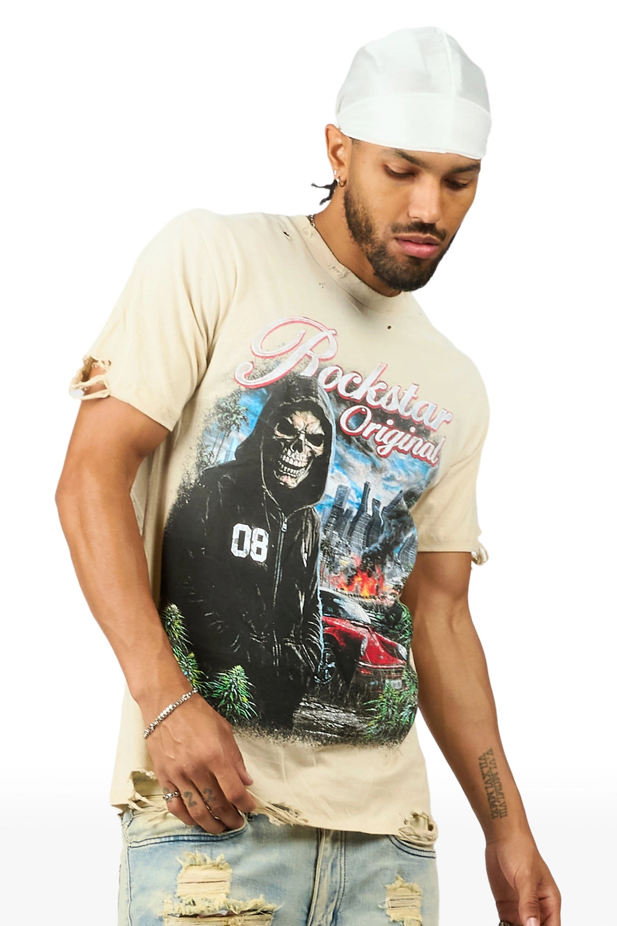 Tavian Beige Oversized Graphic T-Shirt