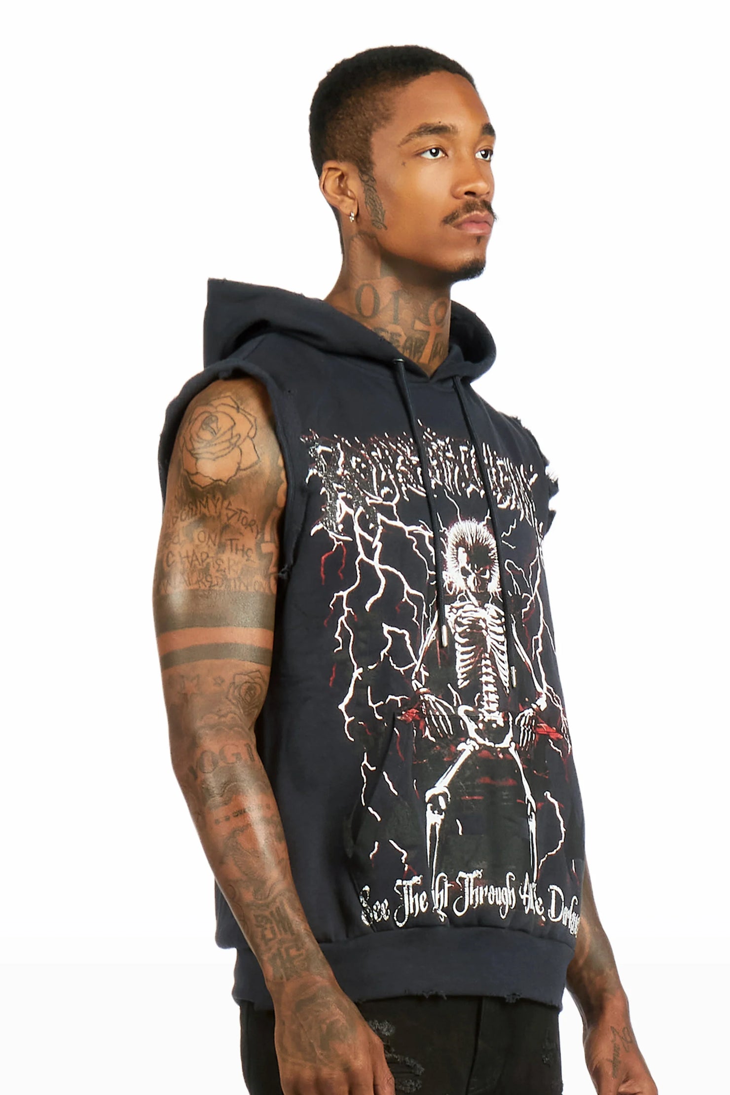 Deathrow Navy Cut Sleeve Hoodie