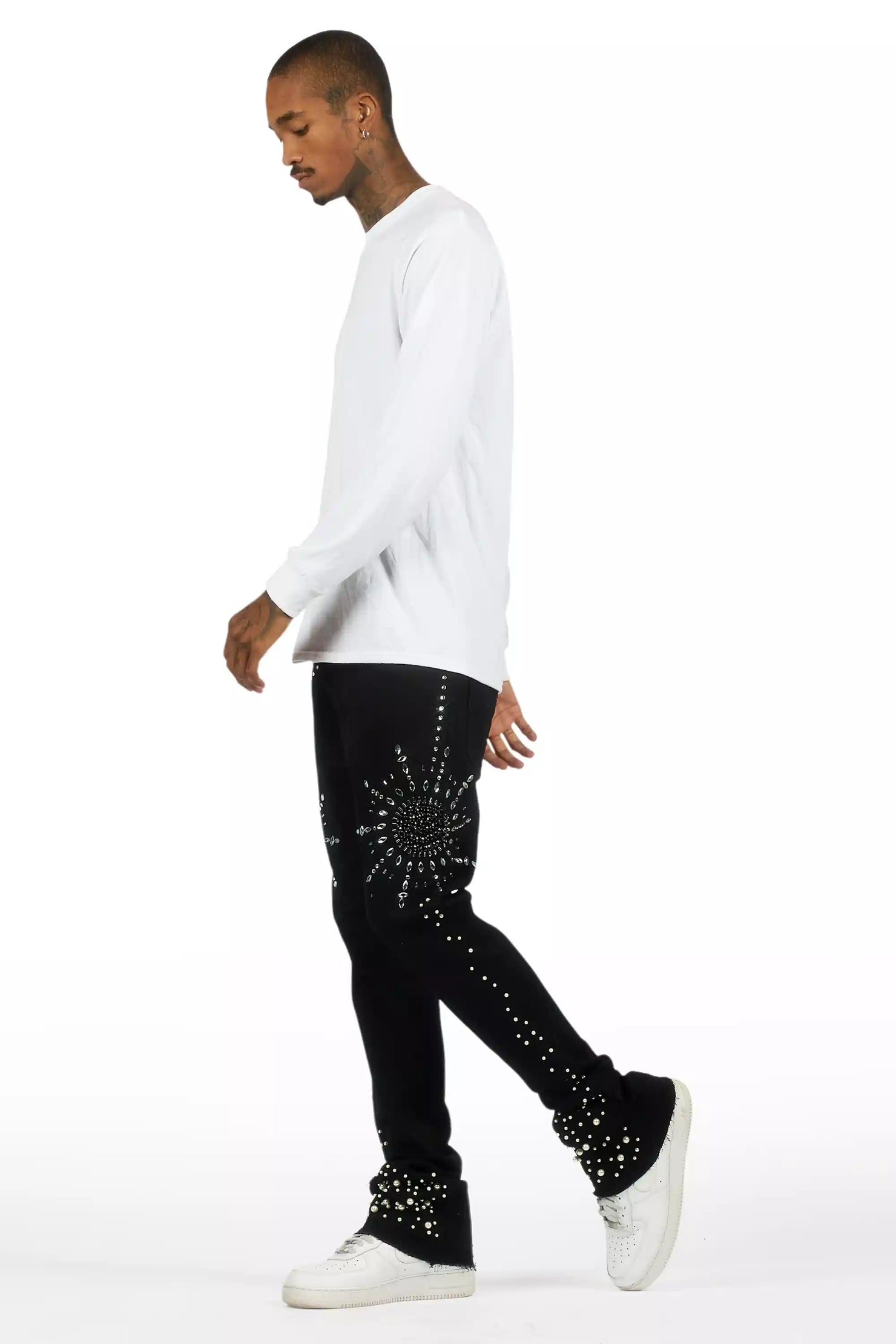 Tryst Jet Black Rhinestone Stacked Flare Jean