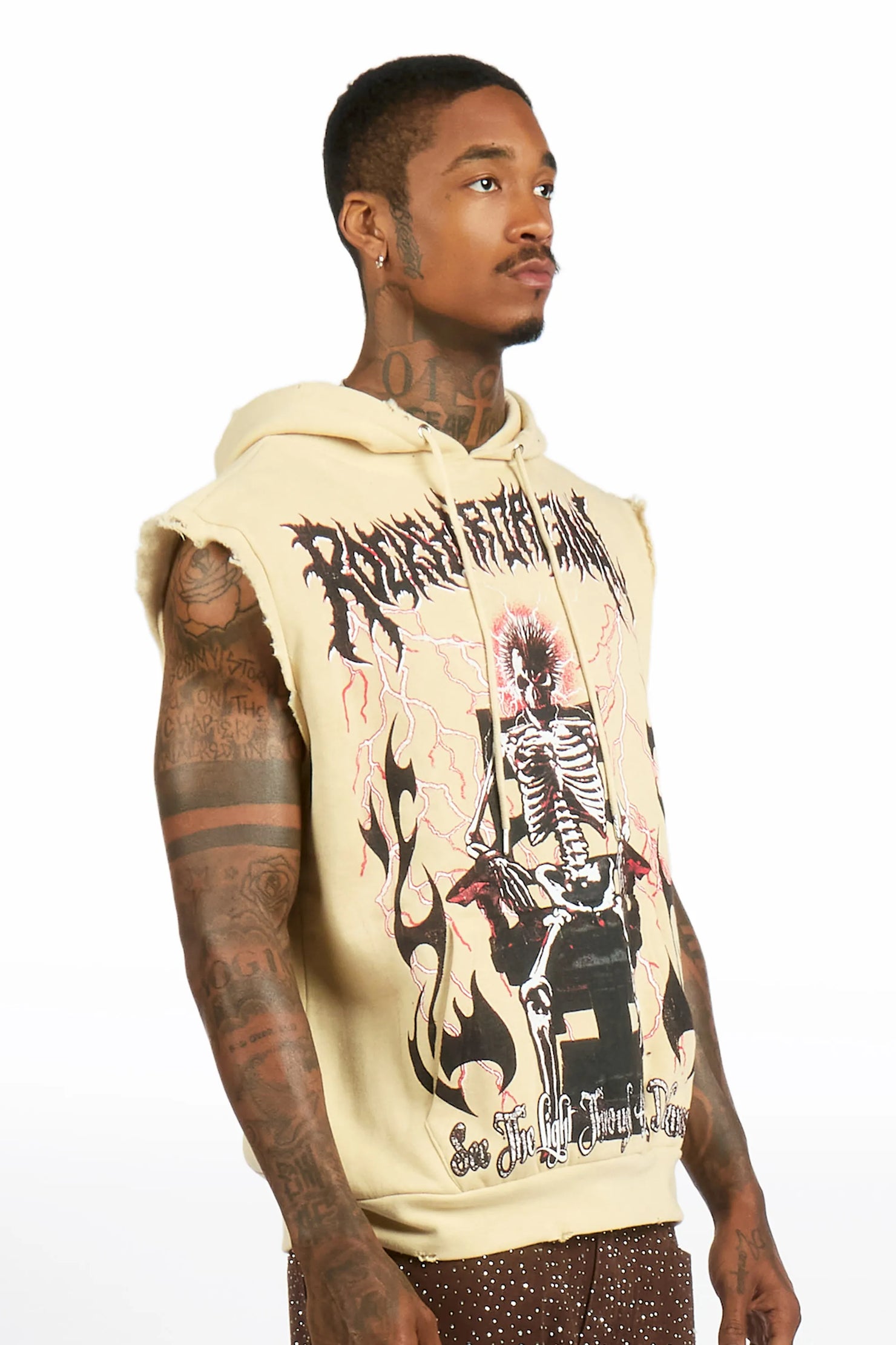 Deathrow 2.0 Beige Cut Sleeve Hoodie