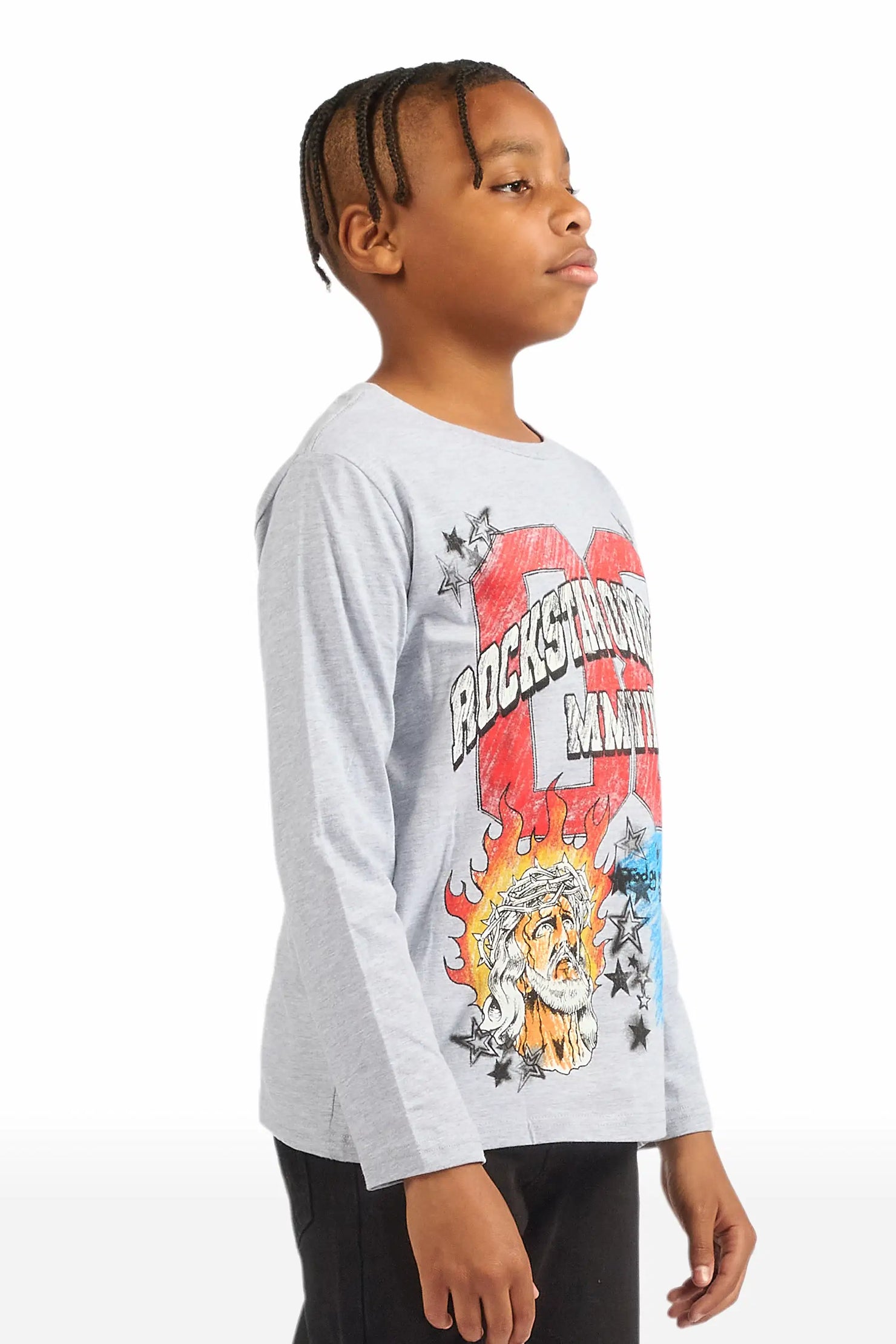 Boys Jesus Crayon Heather Grey Long Sleeve Graphic T-Shirt