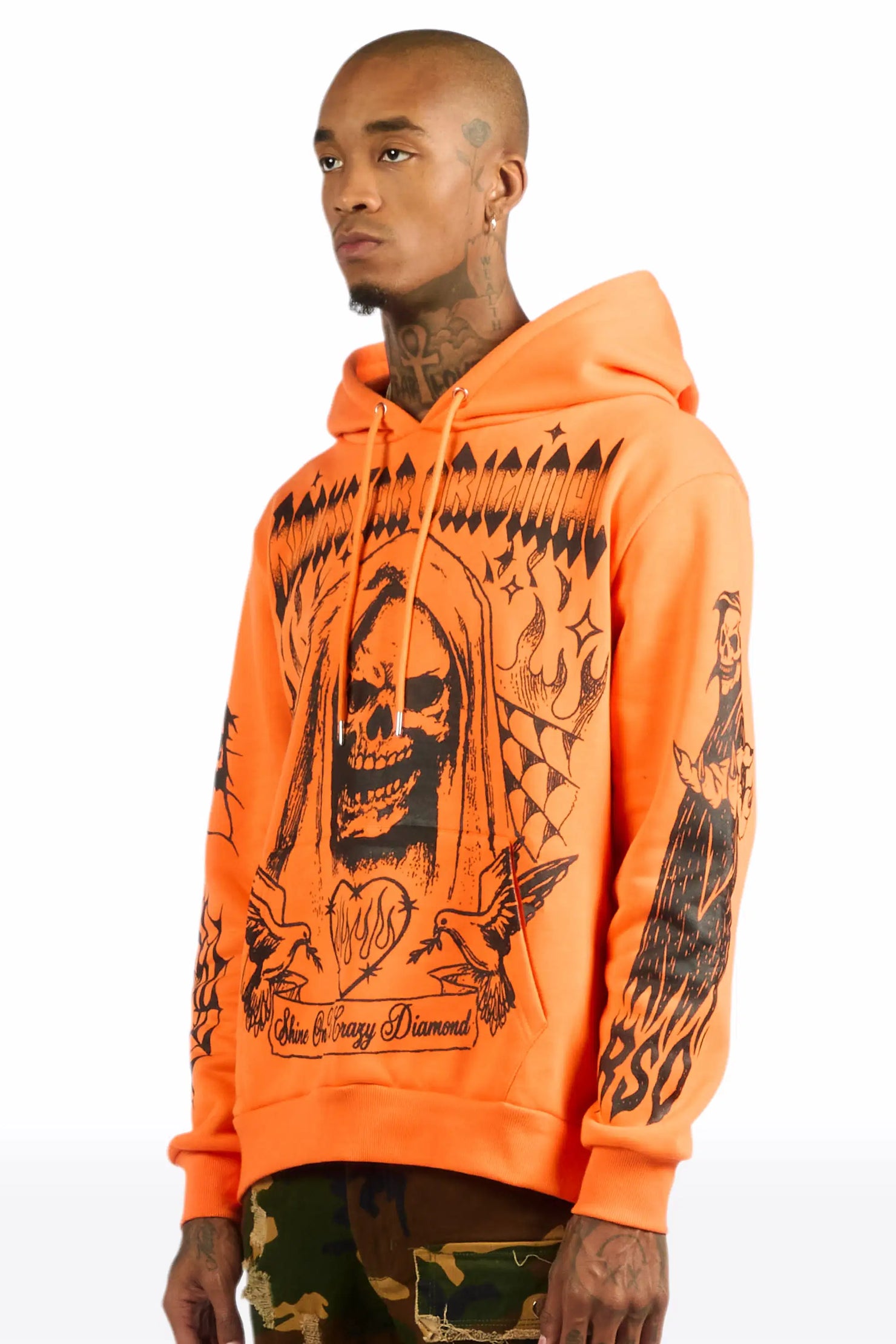 Pogboom Orange Graphic Distressed Relaxed Hoodie