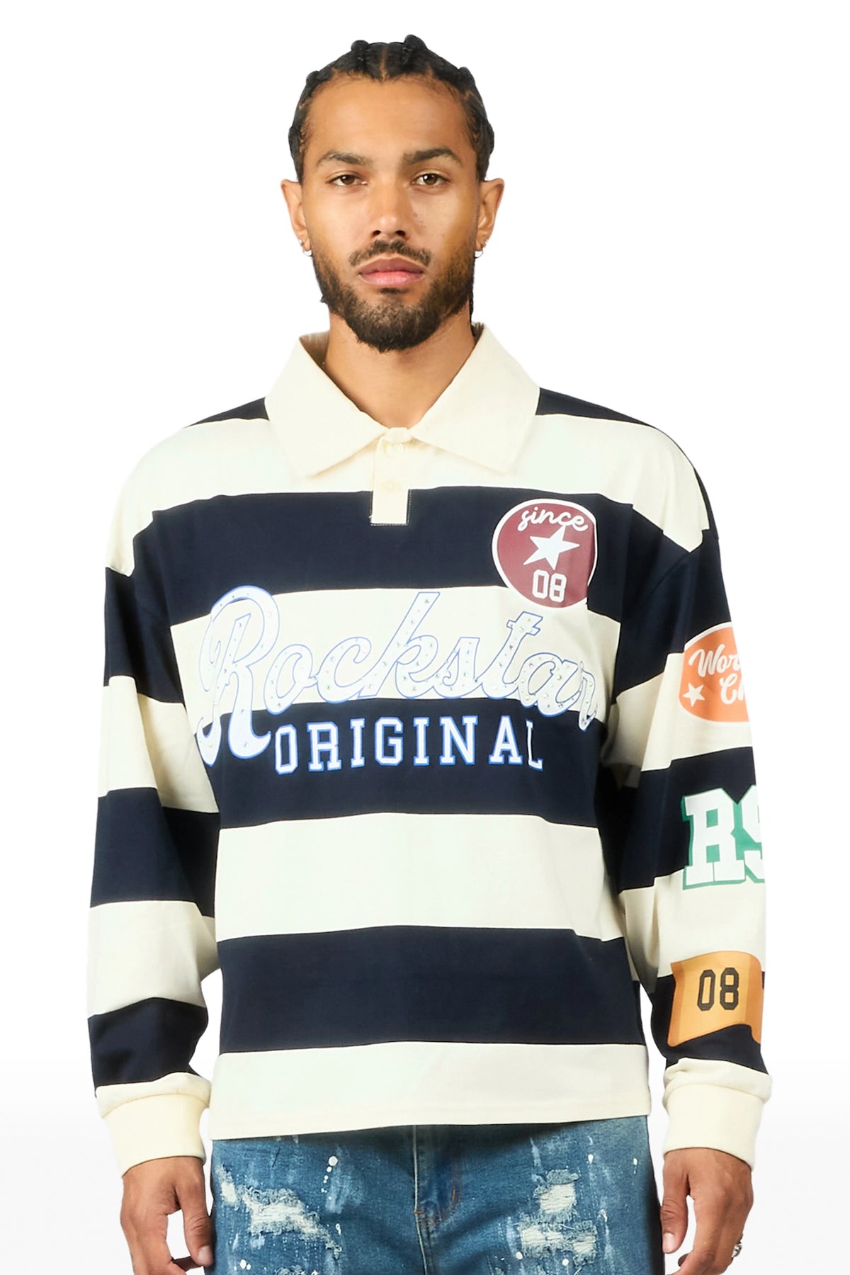 Prismo Navy/Cream Rhinestone Long Sleeve Polo Shirt
