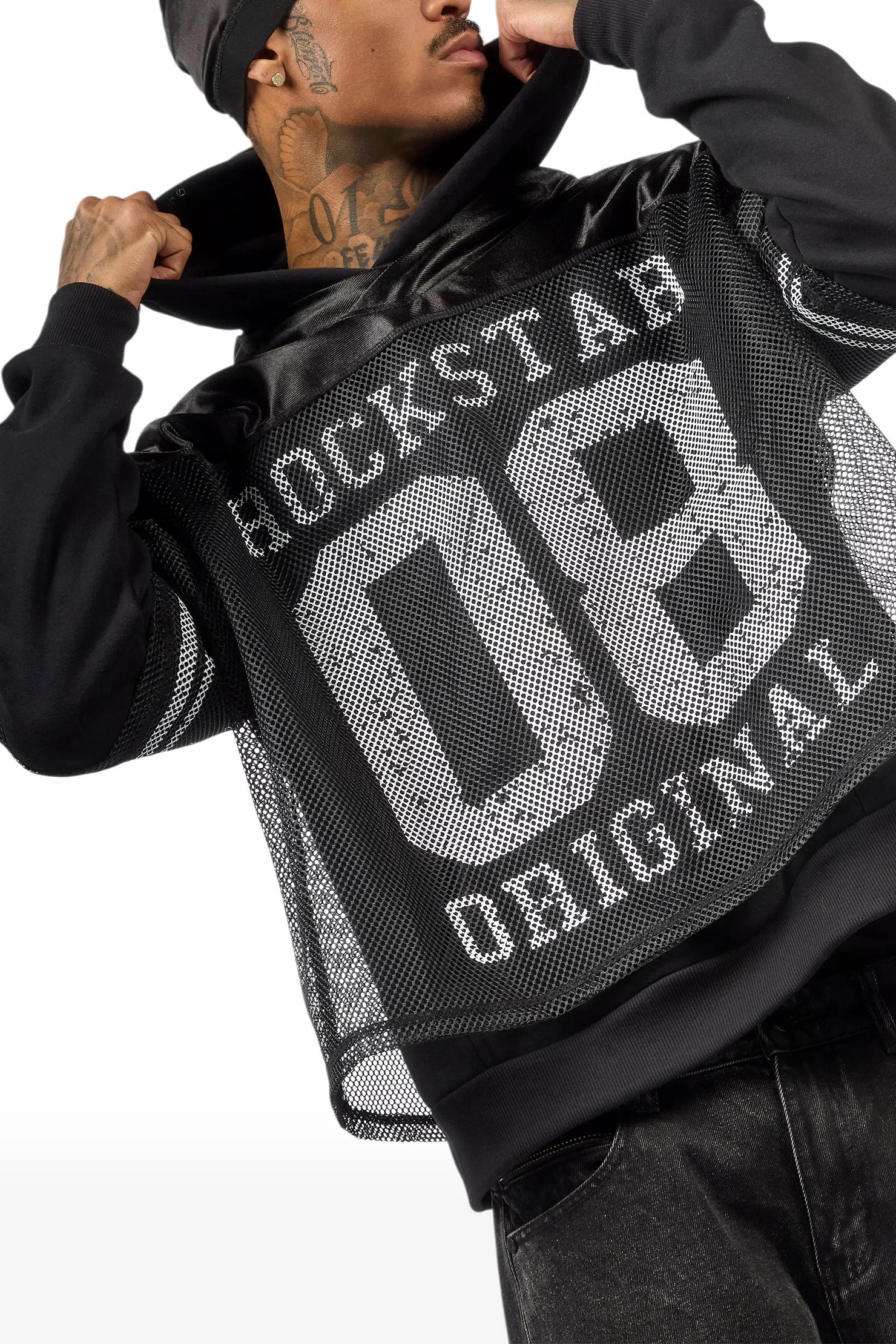 Syncamore Black/White Double Layer Graphic Jersey Hoodie
